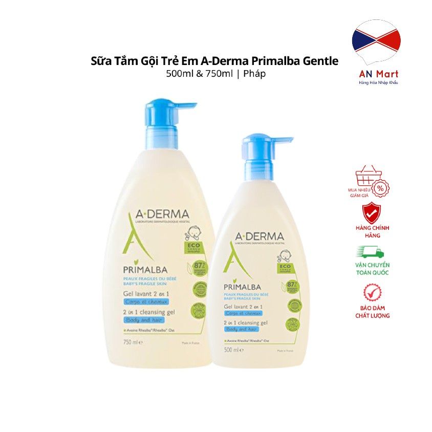 Sữa tắm gội cho bé từ sơ sinh A-Derma Primalba Gentle Cleansing Gel chai 500ml và 750ml