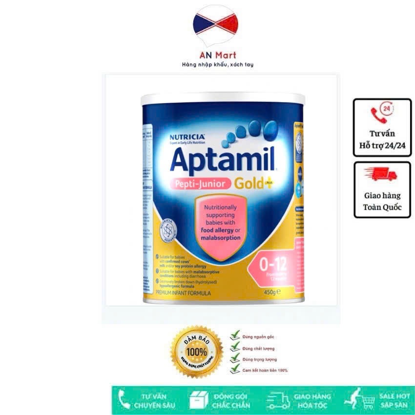 Sữa Aptamil Pepti Junior Gold + Úc Hộp 450g cho trẻ từ 0 đến 12 Tháng Tuổi Bất dung nạp Lactose- An Mart