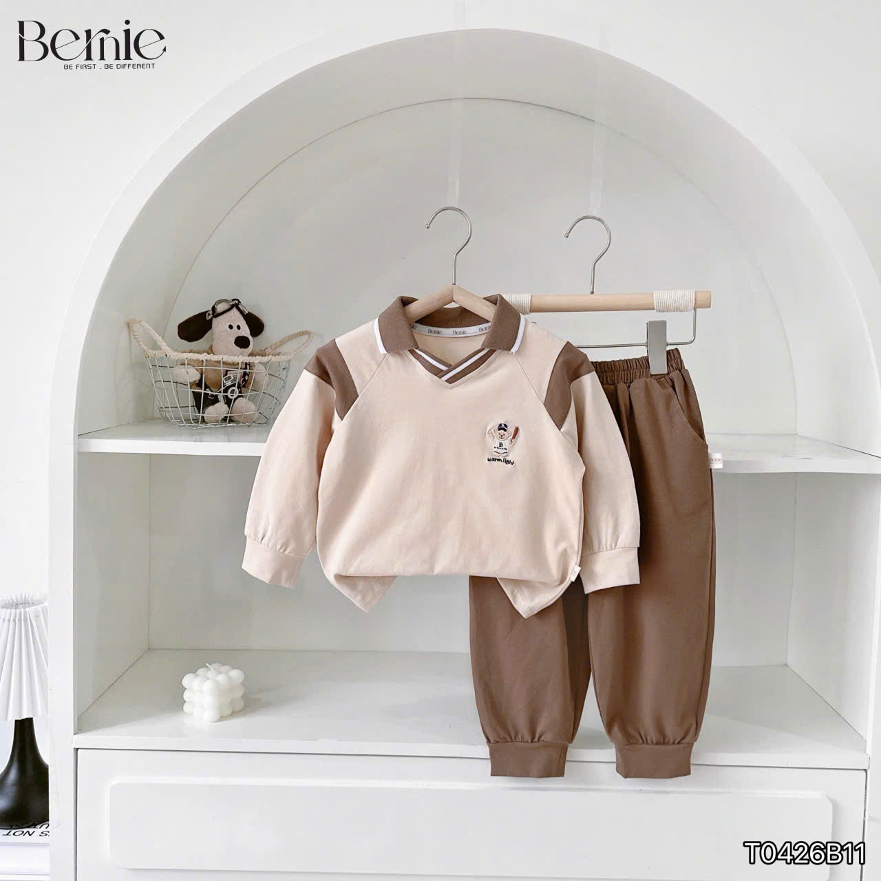 Bộ polo dài tay thêu hình gấu Bernie
