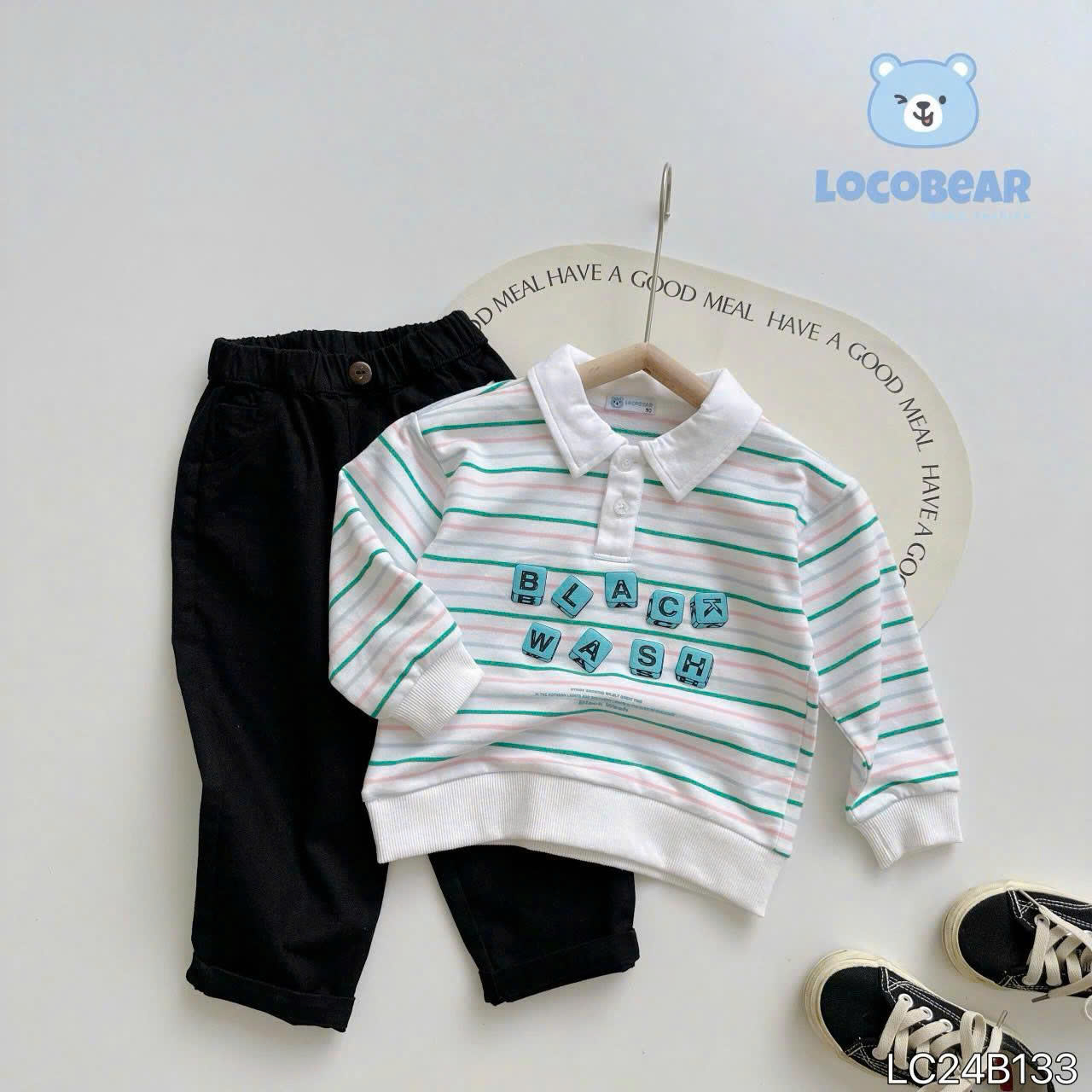 Set polo kẻ dài tay in chữ black wash LOCOBEAR