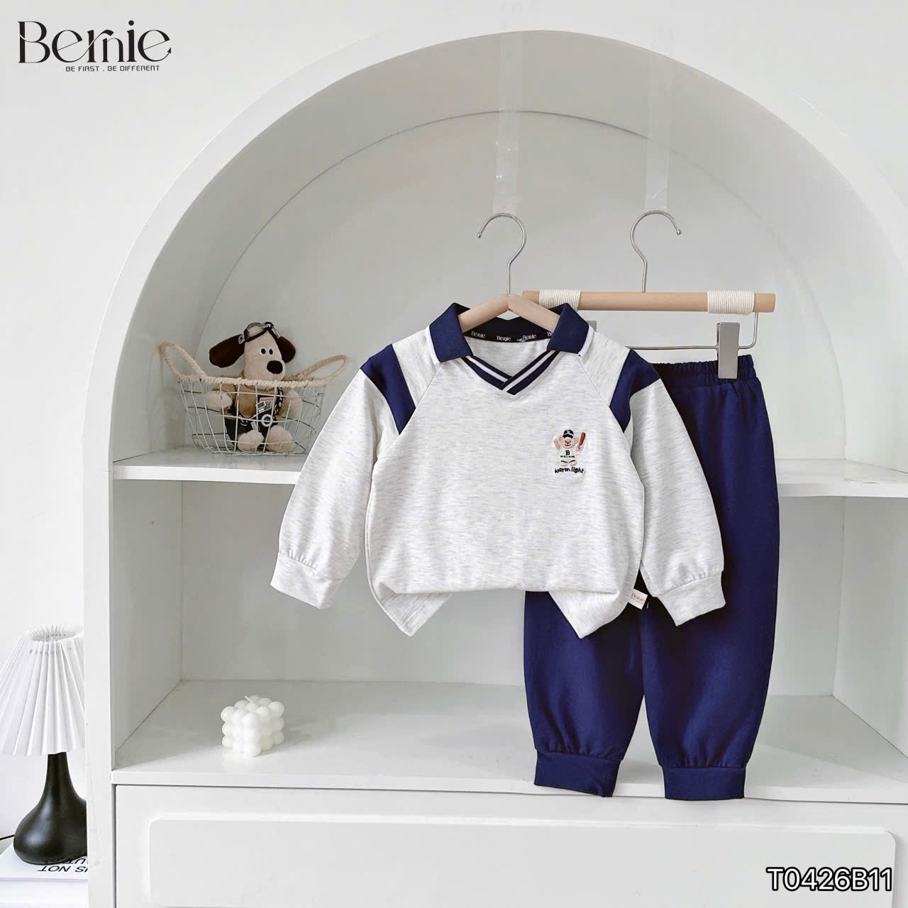 Bộ polo dài tay thêu hình gấu Bernie