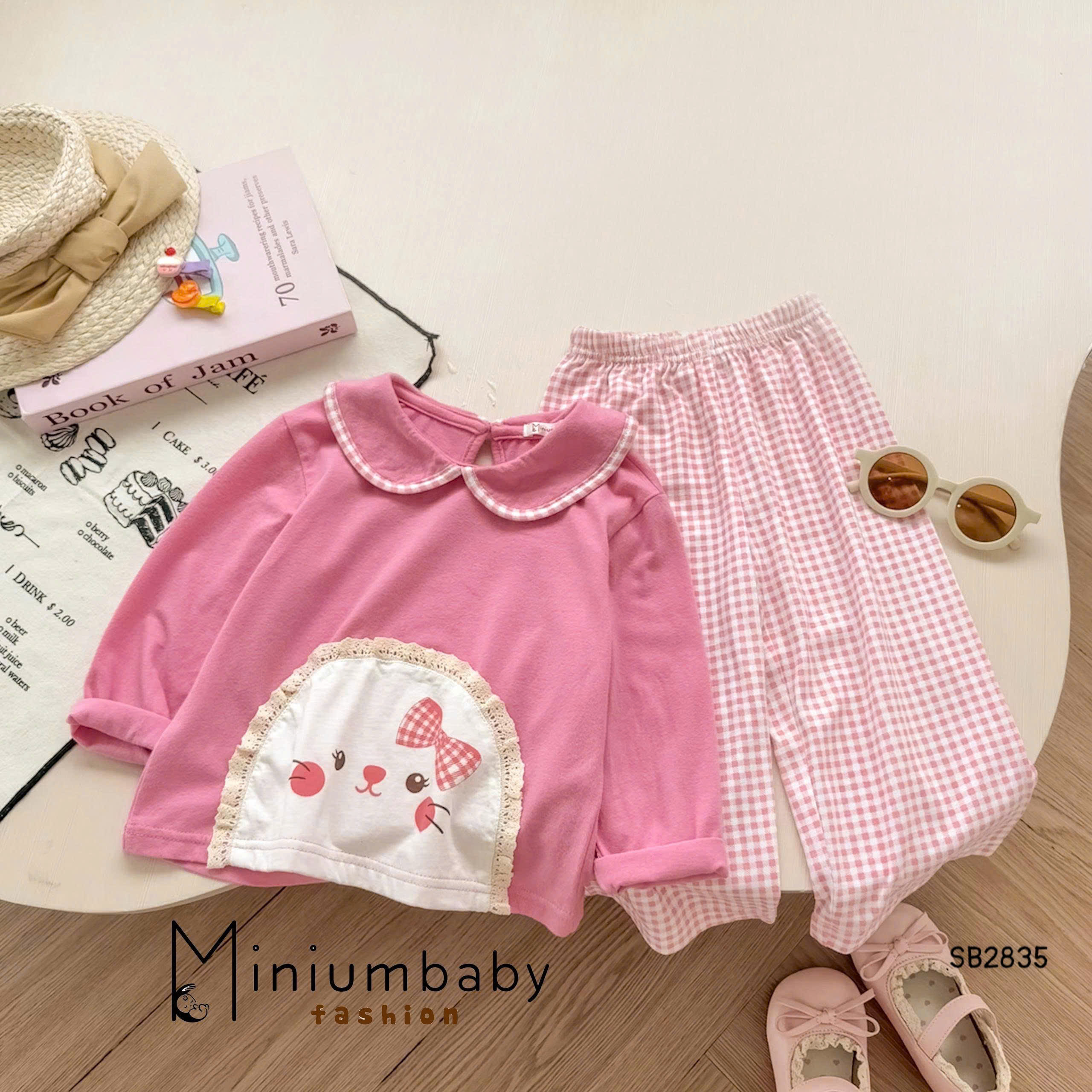 Set dài tay cổ sen hình chú mèo nơ MINIUMBABY