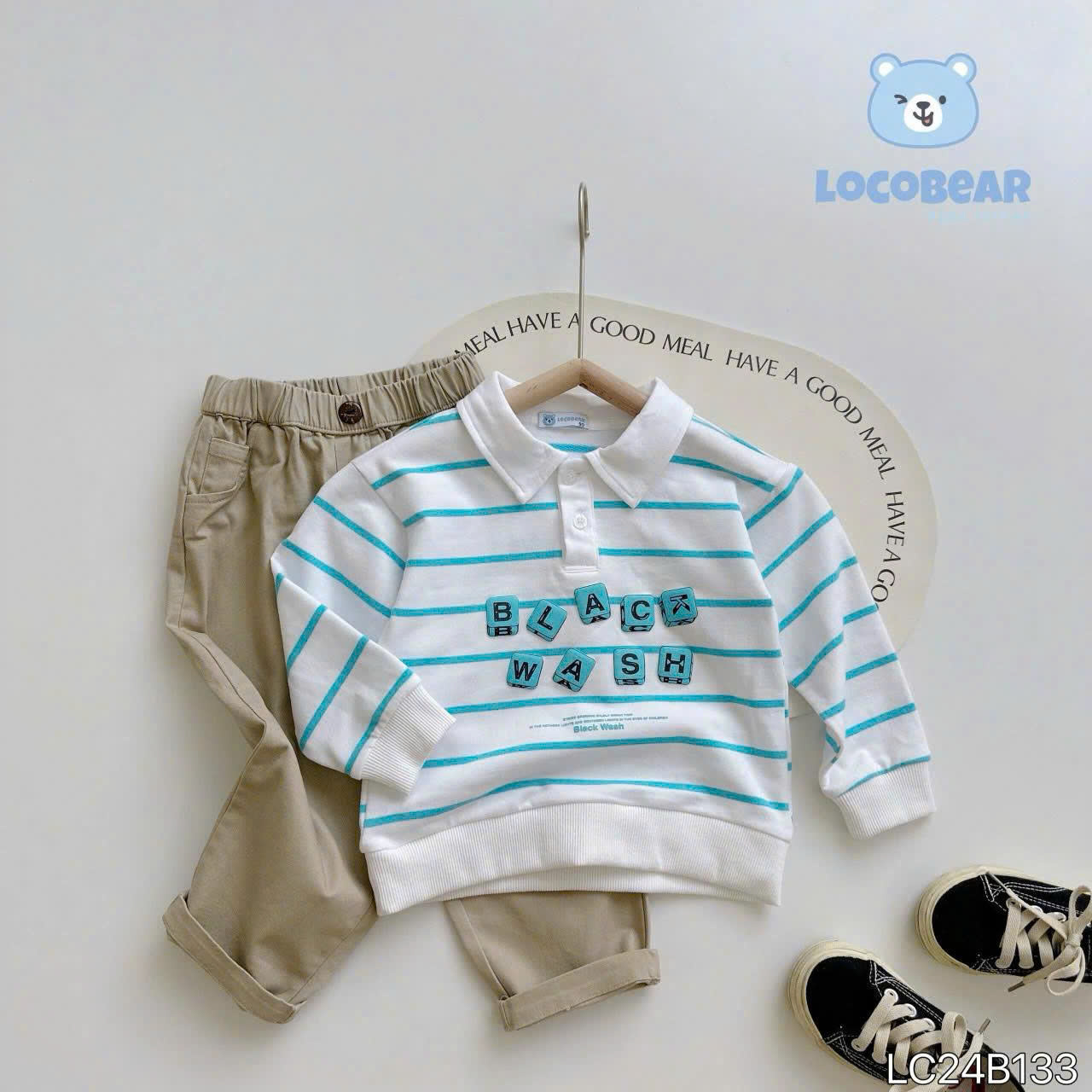 Set polo kẻ dài tay in chữ black wash LOCOBEAR
