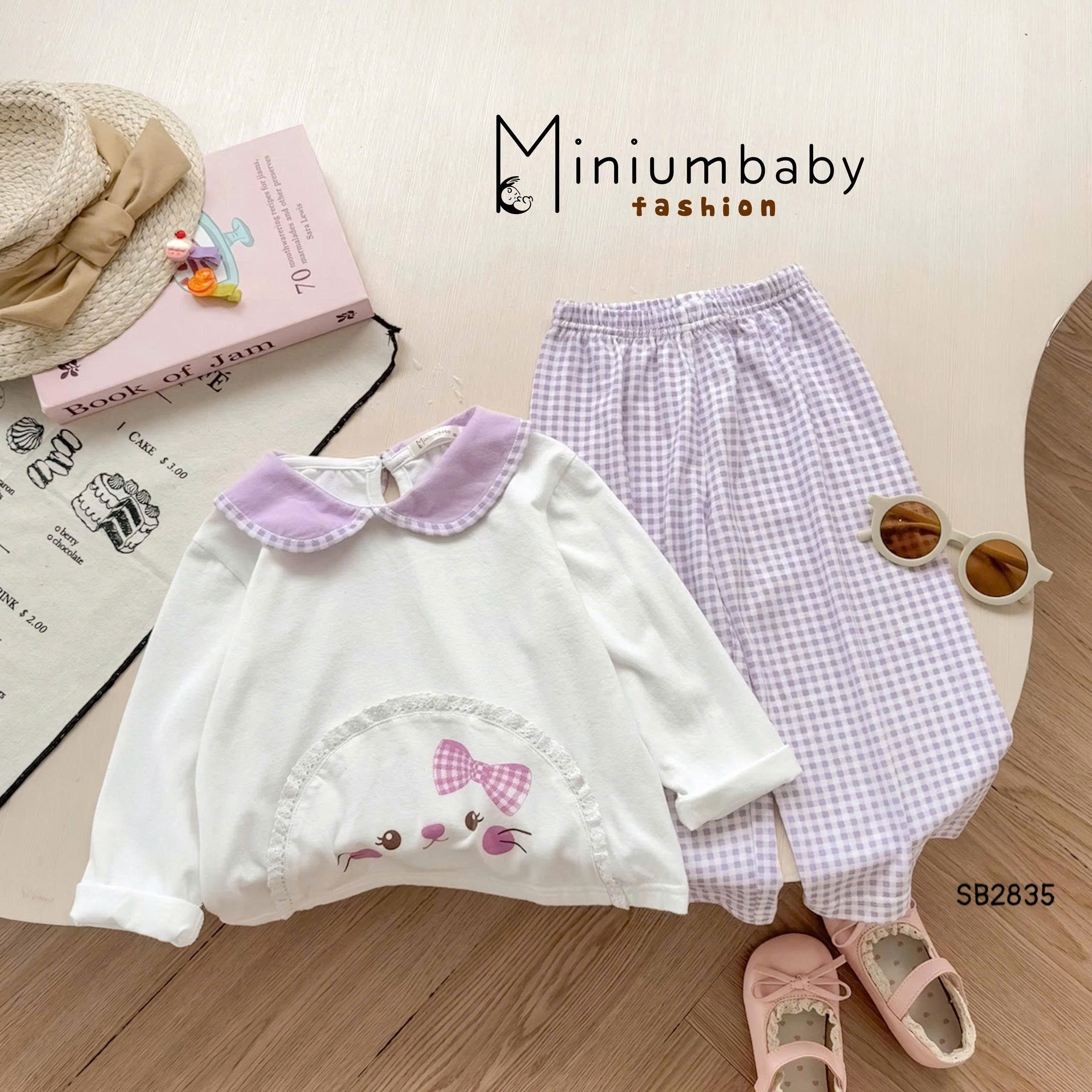Set dài tay cổ sen hình chú mèo nơ MINIUMBABY