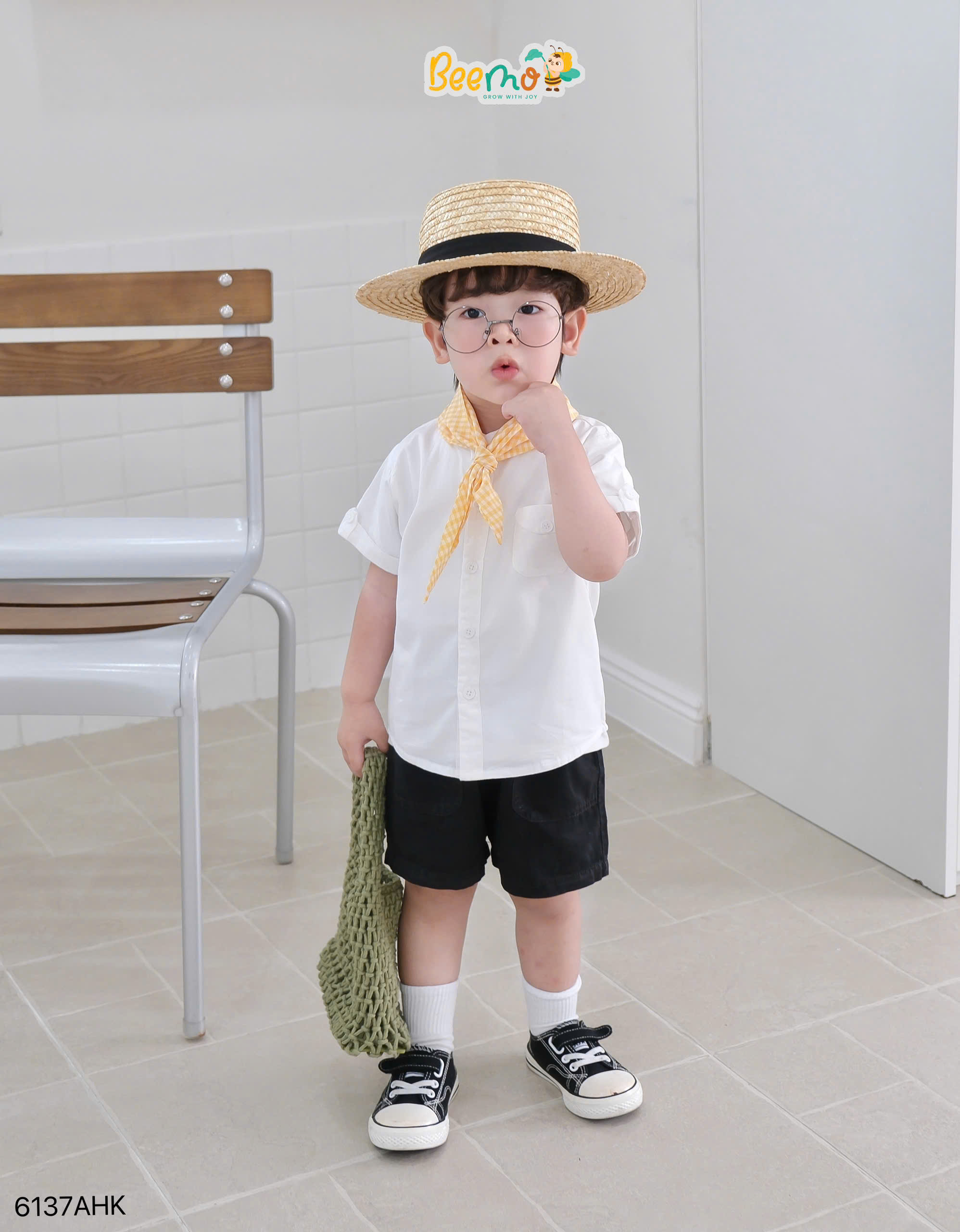 Áo sơ mi cổ tàu phối túi cá tay Beemo