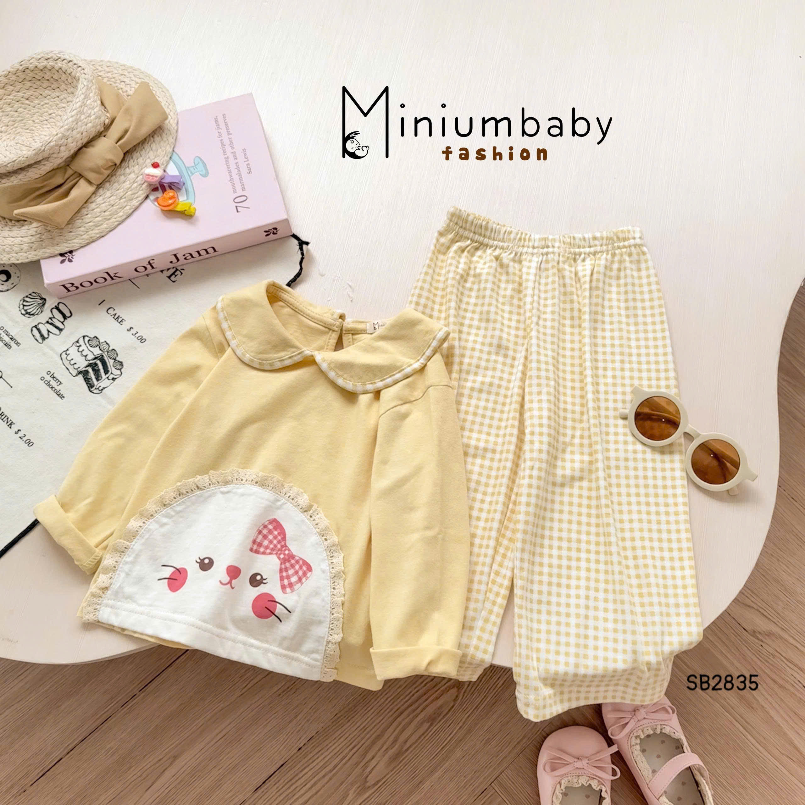 Set dài tay cổ sen hình chú mèo nơ MINIUMBABY