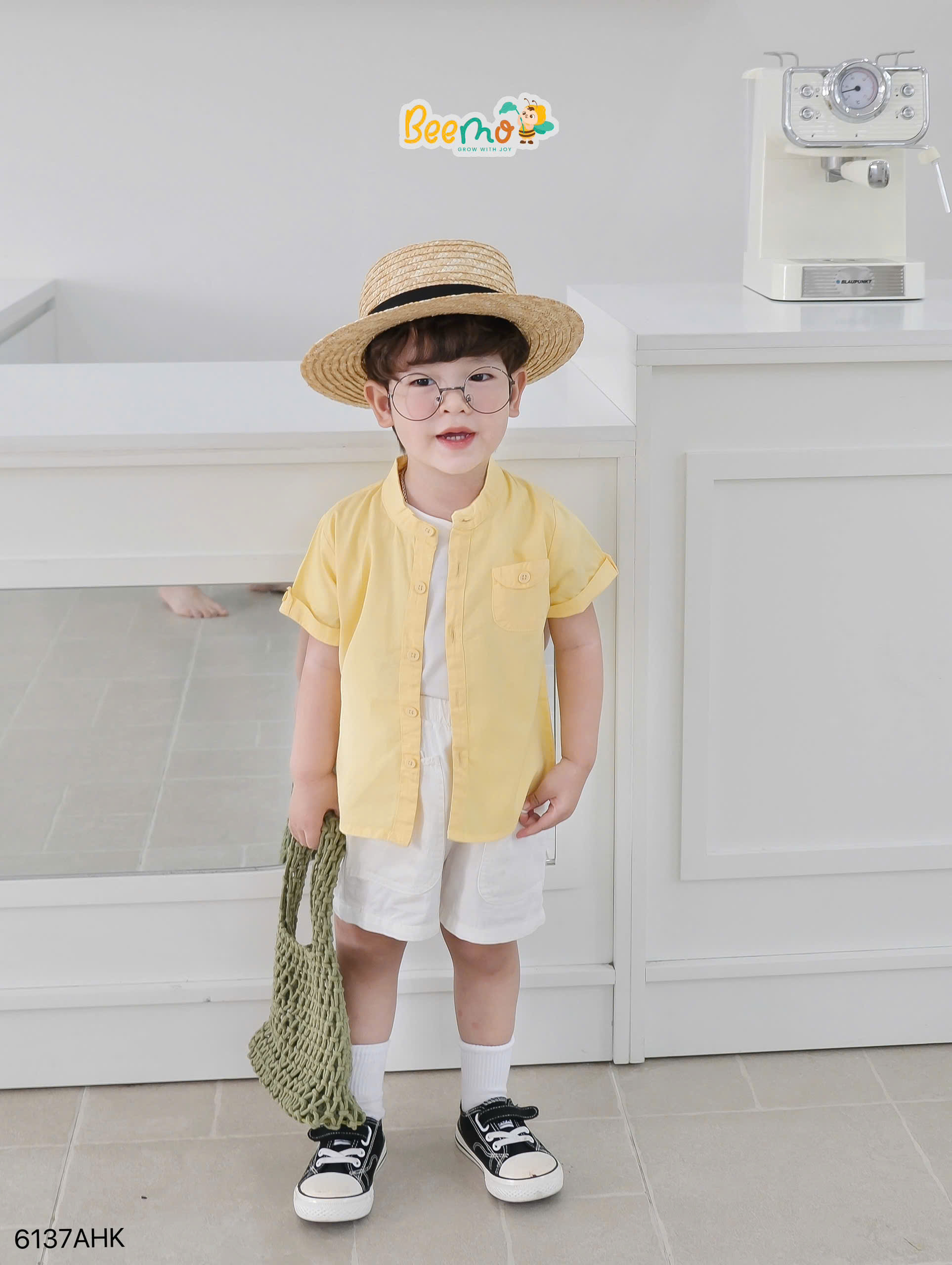 Áo sơ mi cổ tàu phối túi cá tay Beemo