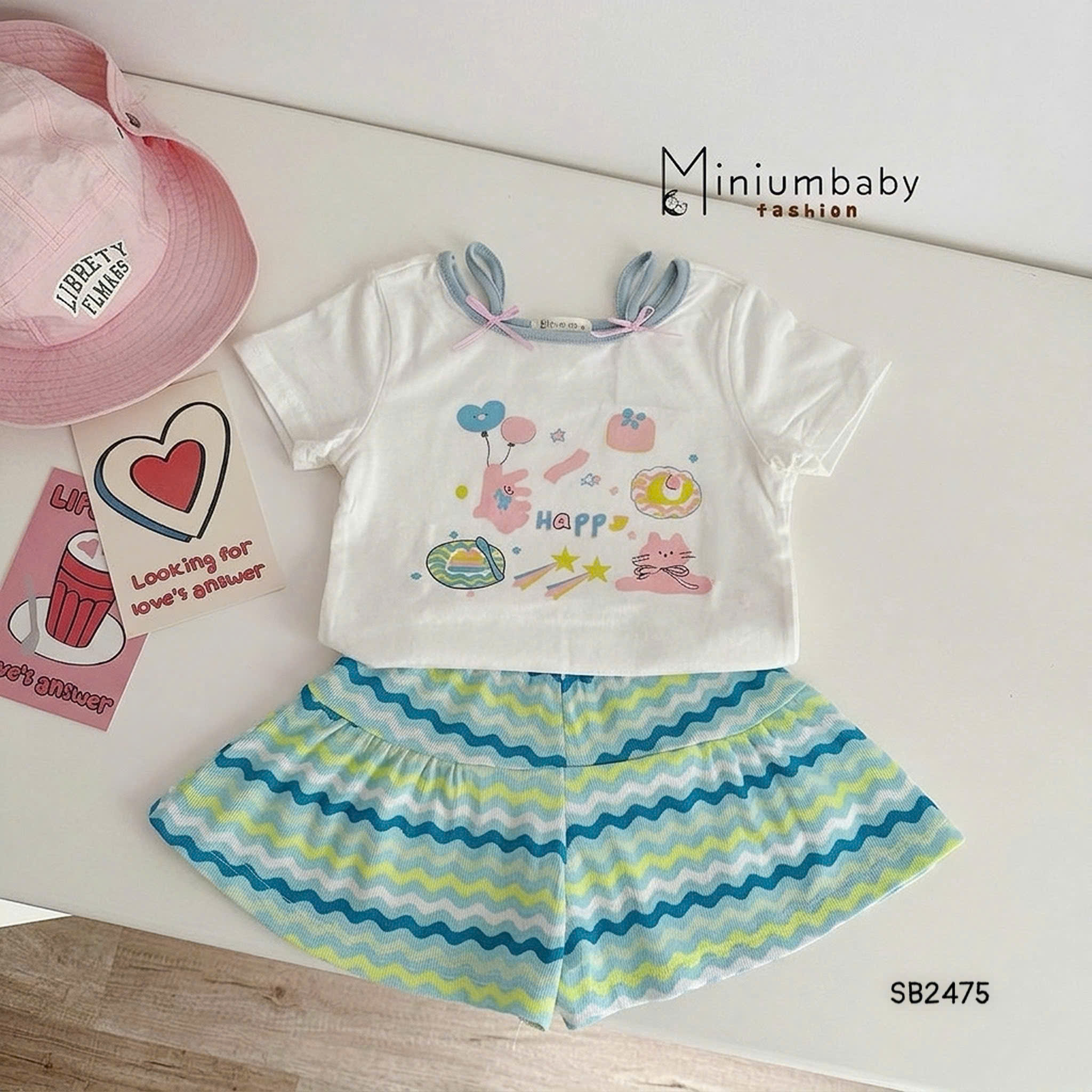 Set bé gái áo cổ nơ phối quần váy MINIUMBABY