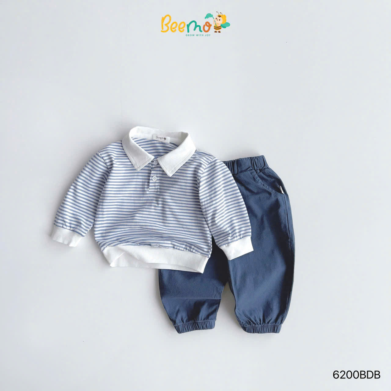 Set polo cotton họa tiết kẻ ngang Beemo