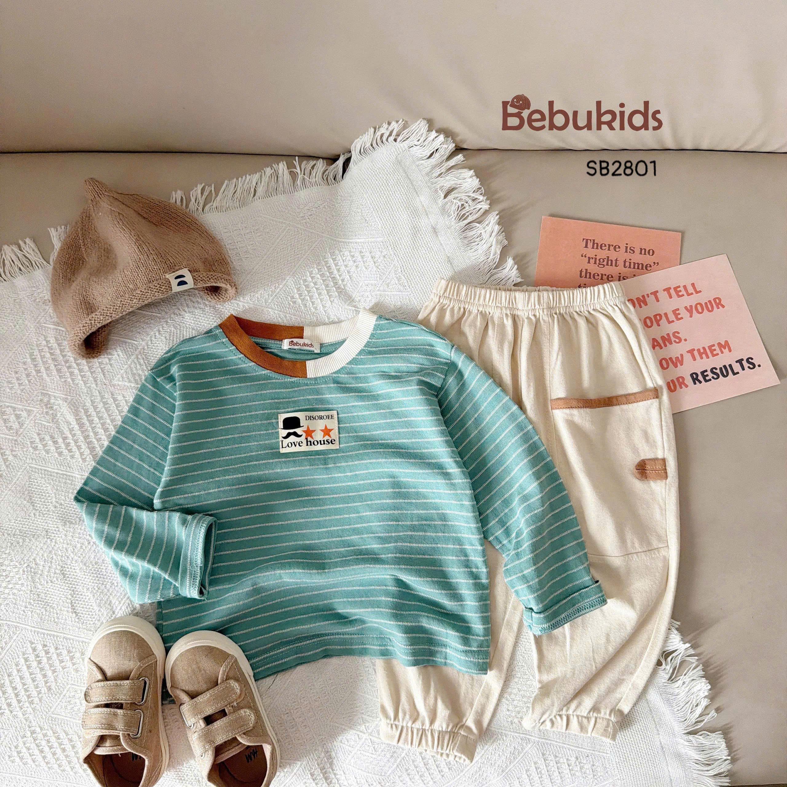 Set cotton kẻ dài tay tone xanh BEBUKIDS