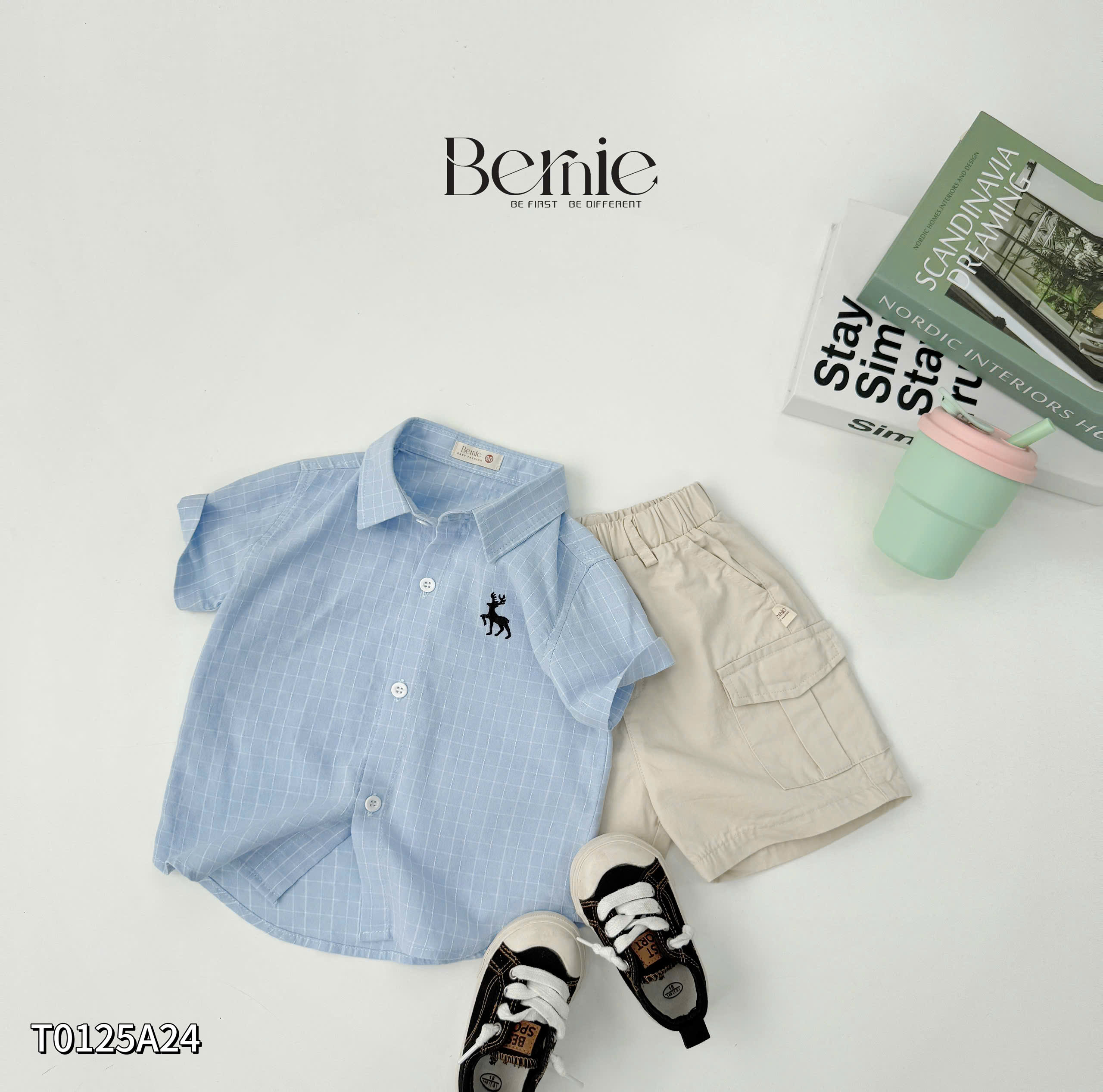 Áo sơ mi kẻ cộc tay thêu tuần lộc Bernie