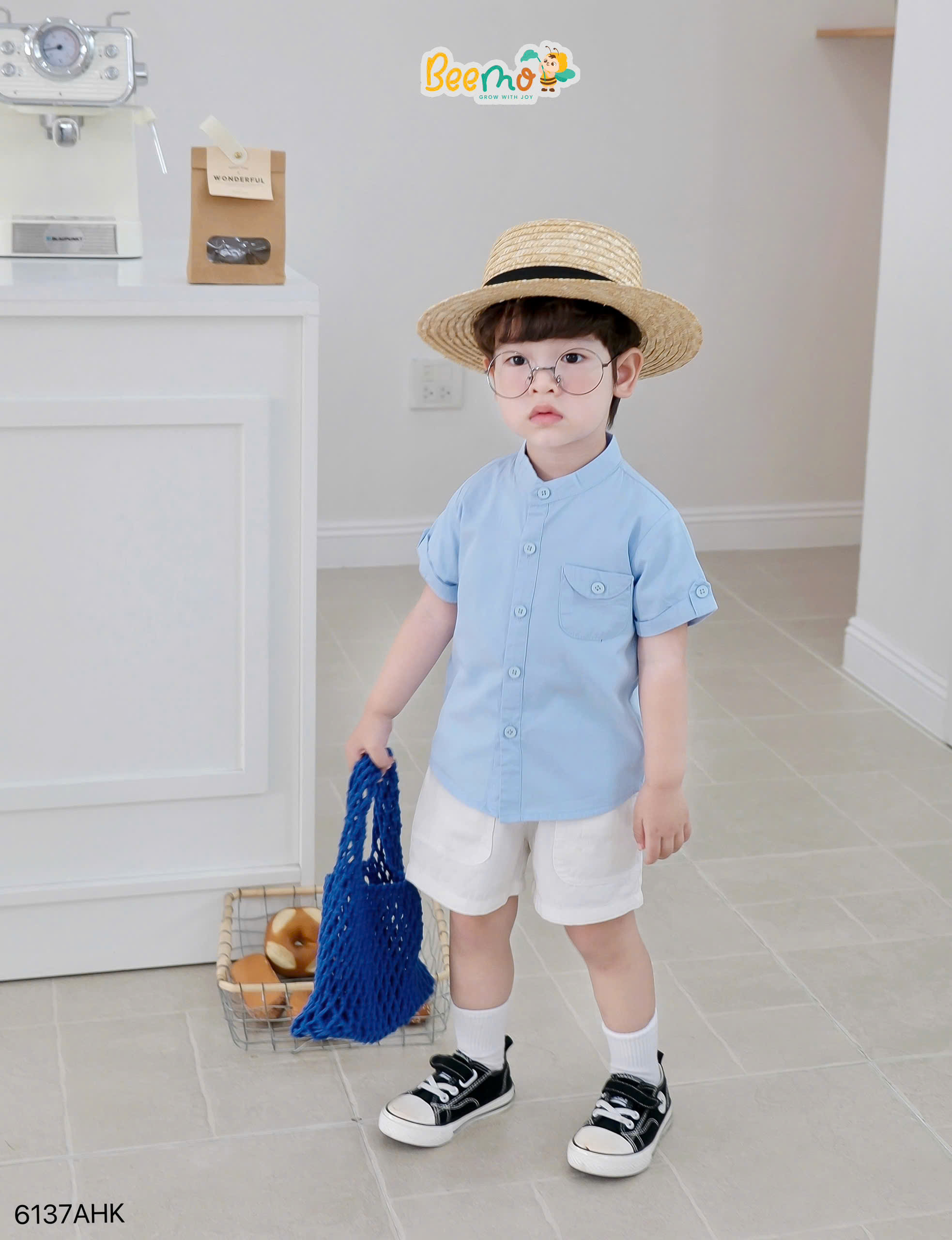 Áo sơ mi cổ tàu phối túi cá tay Beemo
