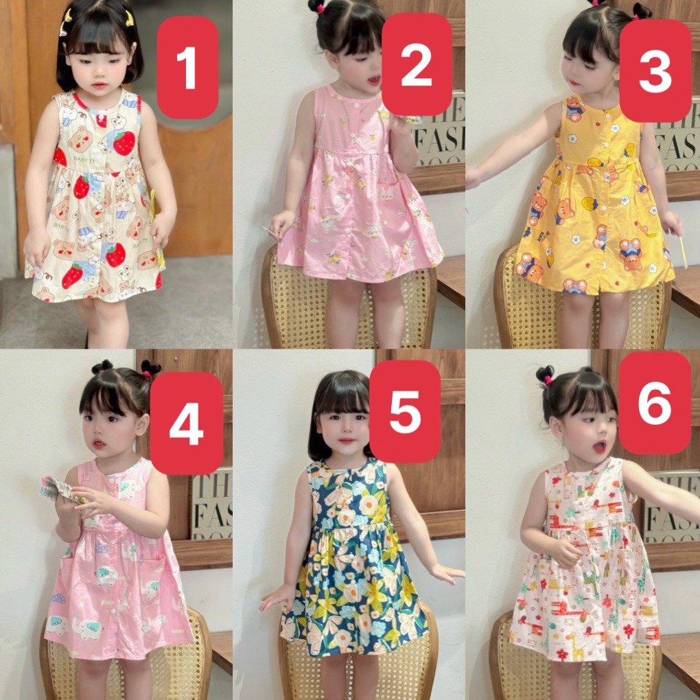 (bảng màu mới )Váy sát nách thô mềm phối cúc và túi trước, in họa tiết siêu xinh Mozi cho bé gái