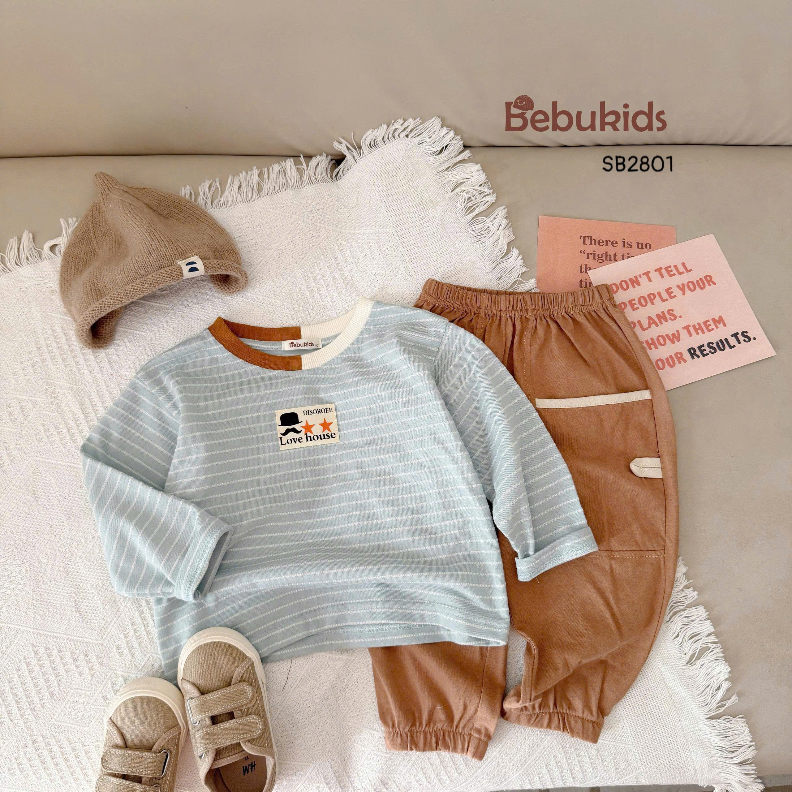 Set cotton kẻ dài tay tone xanh BEBUKIDS