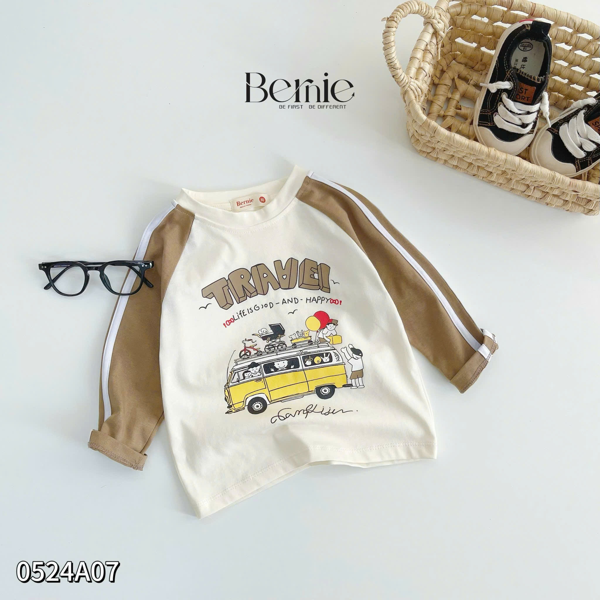 Áo cotton dài tay phối hình in Bernie cho bé