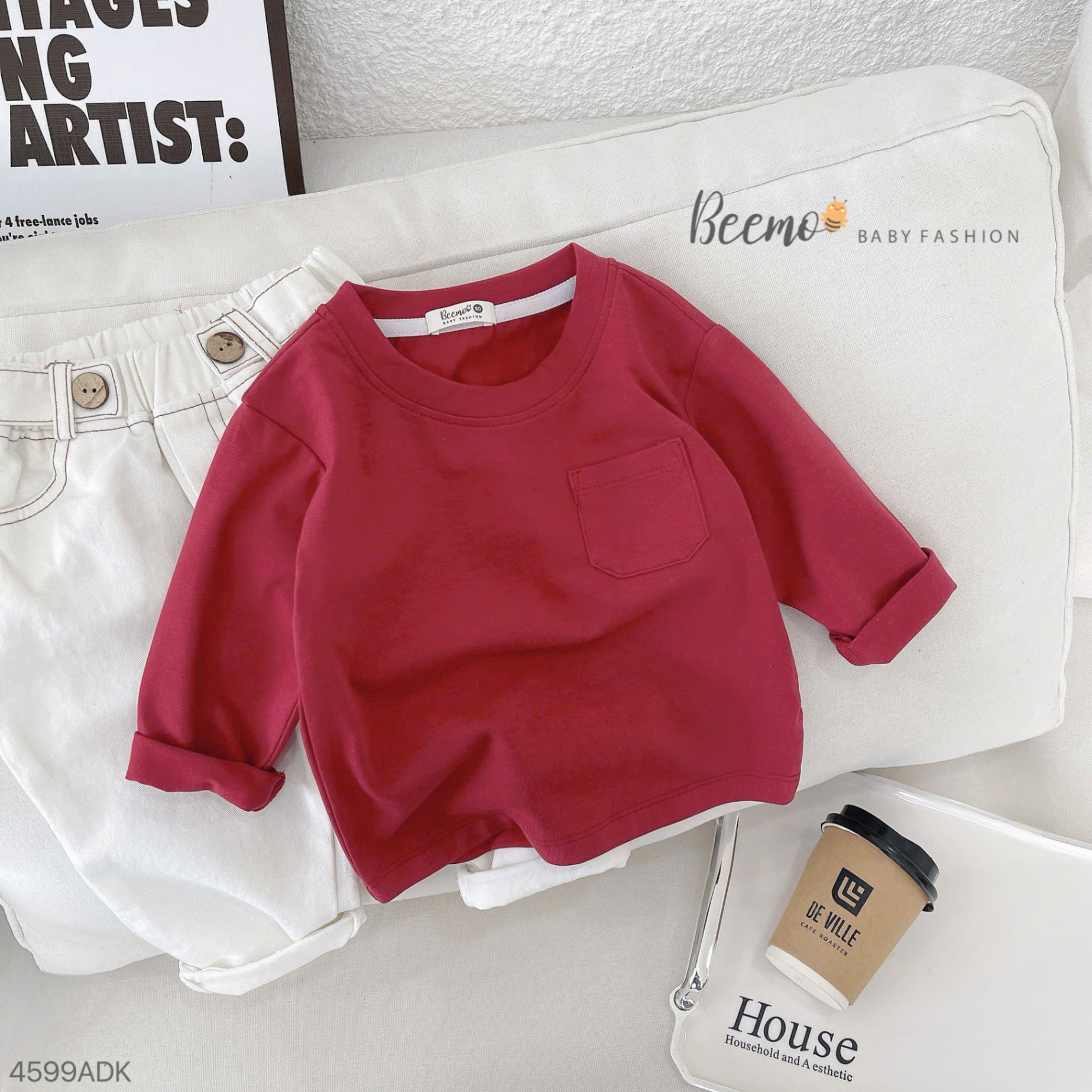 Áo cotton dài tay phối túi Beemo cho bé