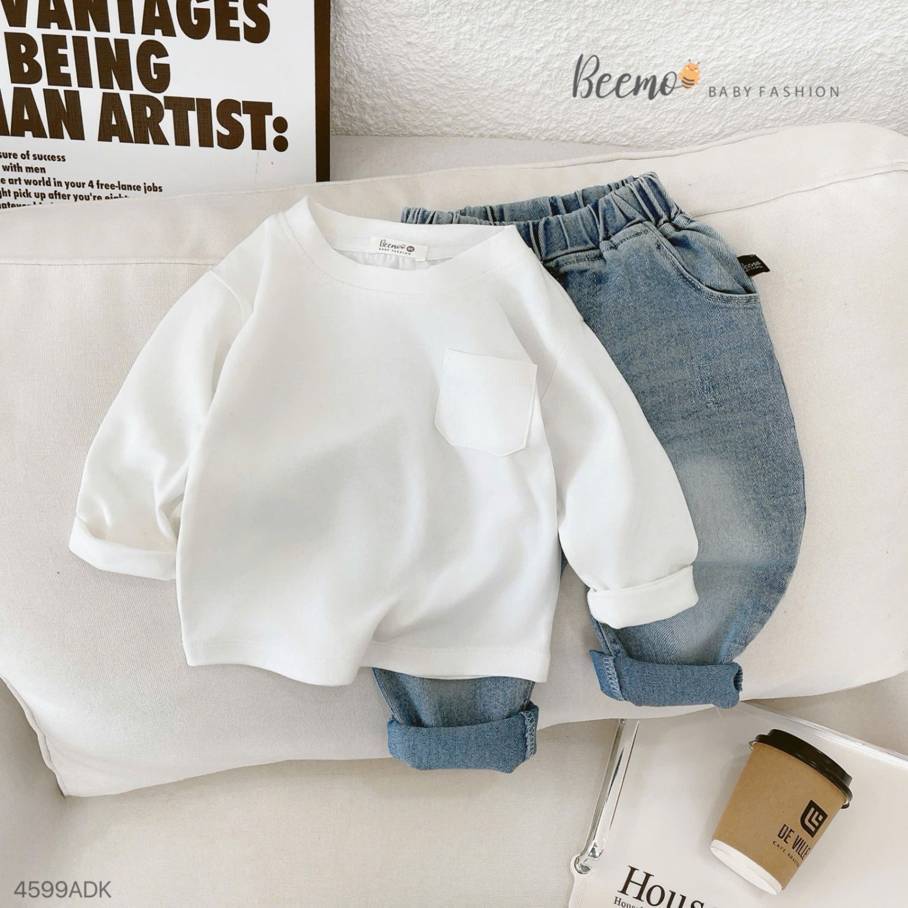 Áo cotton dài tay phối túi Beemo cho bé