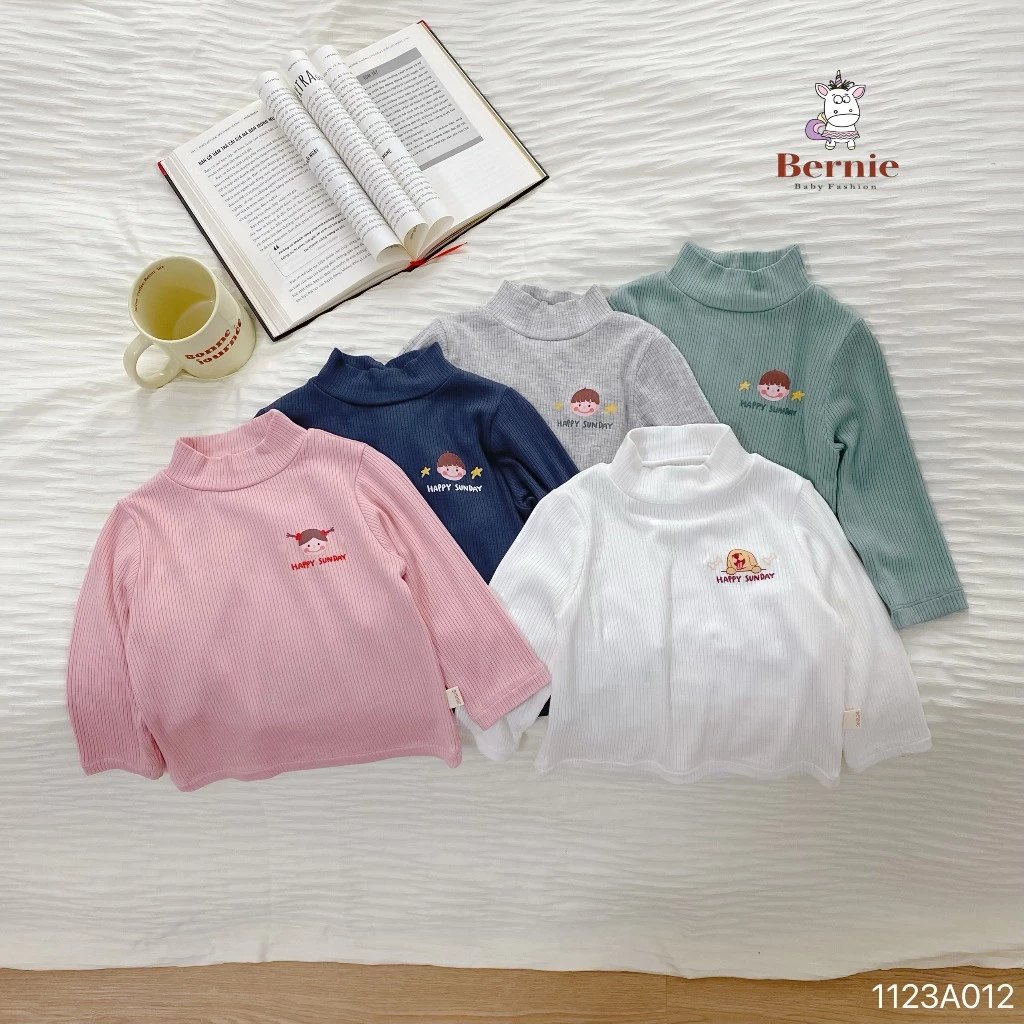 Áo cotton tăm dài tay co dãn Bernie cho bé trai bé gái, áo giữ nhiệt cổ 3p cho bé