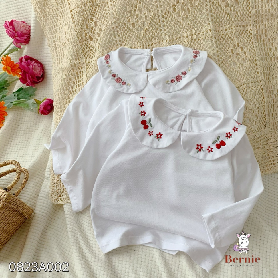 Áo cotton trắng dài tay Bernie cổ sen thêu hoạ tiết cho bé gái