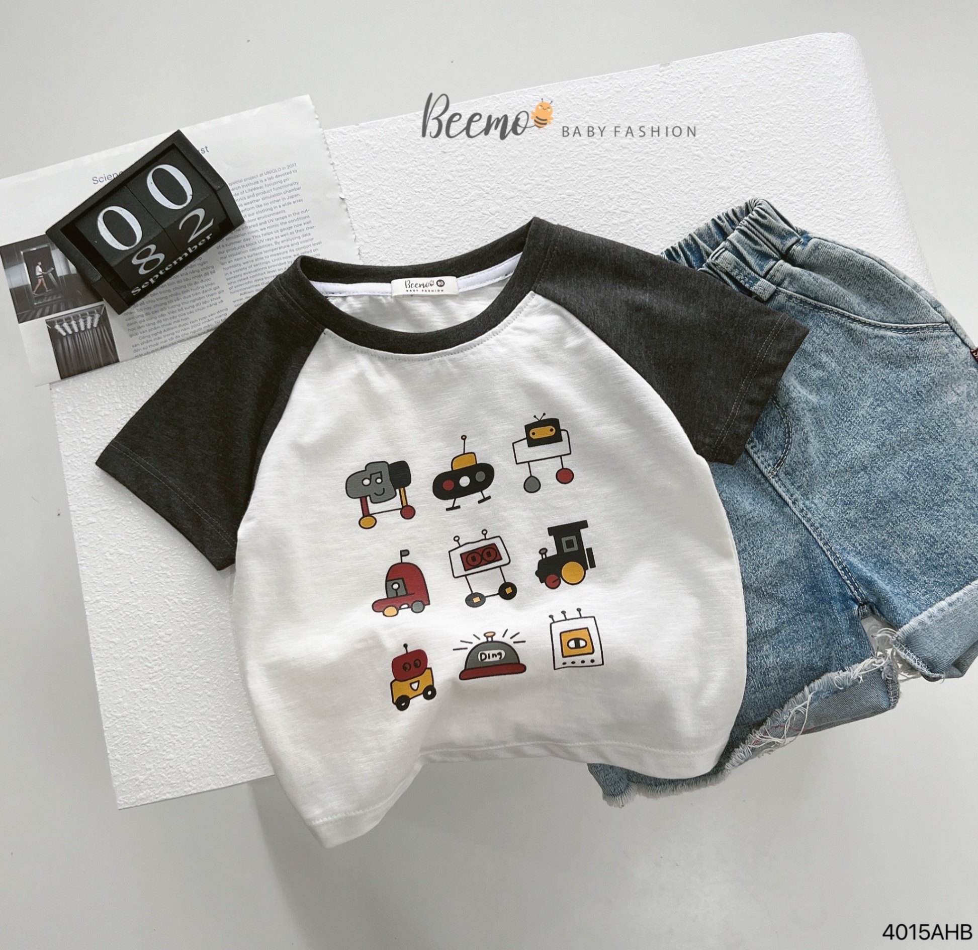 Áo cotton xược thoáng mát phối tay raglan màu, hình in dễ thương Beemo cho bé