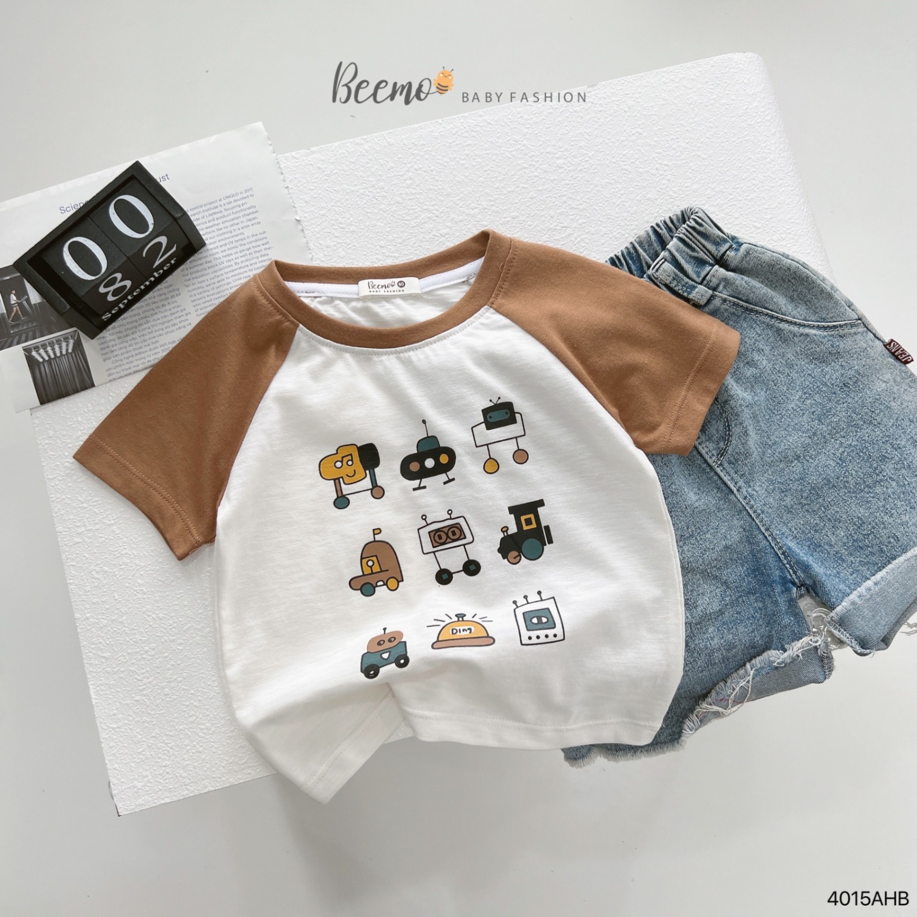 Áo cotton xược thoáng mát phối tay raglan màu, hình in dễ thương Beemo cho bé