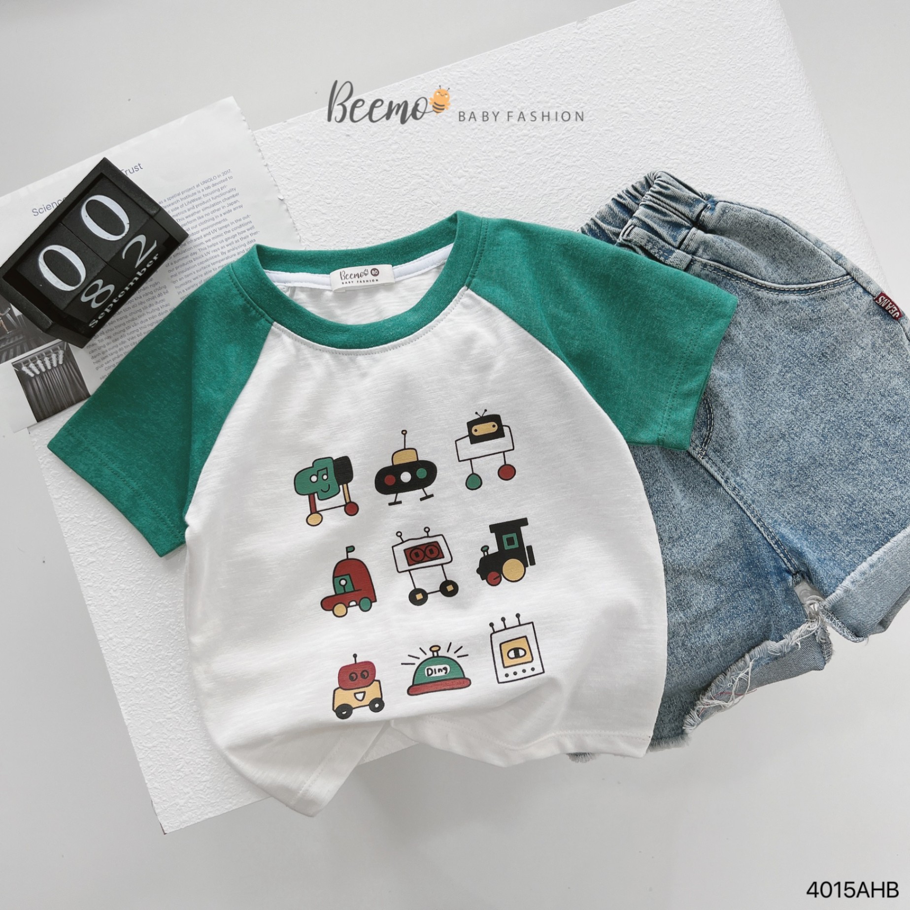 Áo cotton xược thoáng mát phối tay raglan màu, hình in dễ thương Beemo cho bé