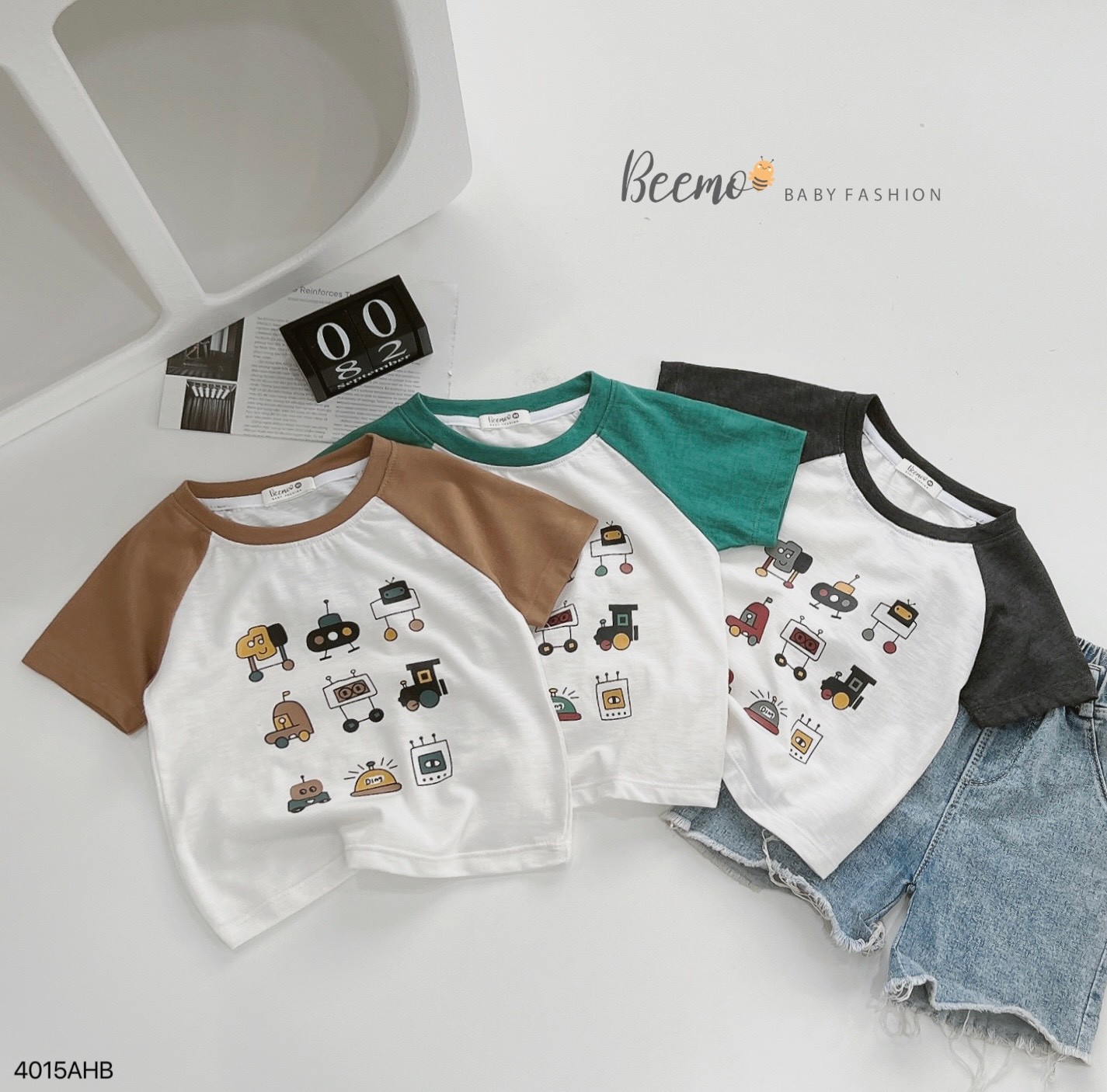 Áo cotton xược thoáng mát phối tay raglan màu, hình in dễ thương Beemo cho bé