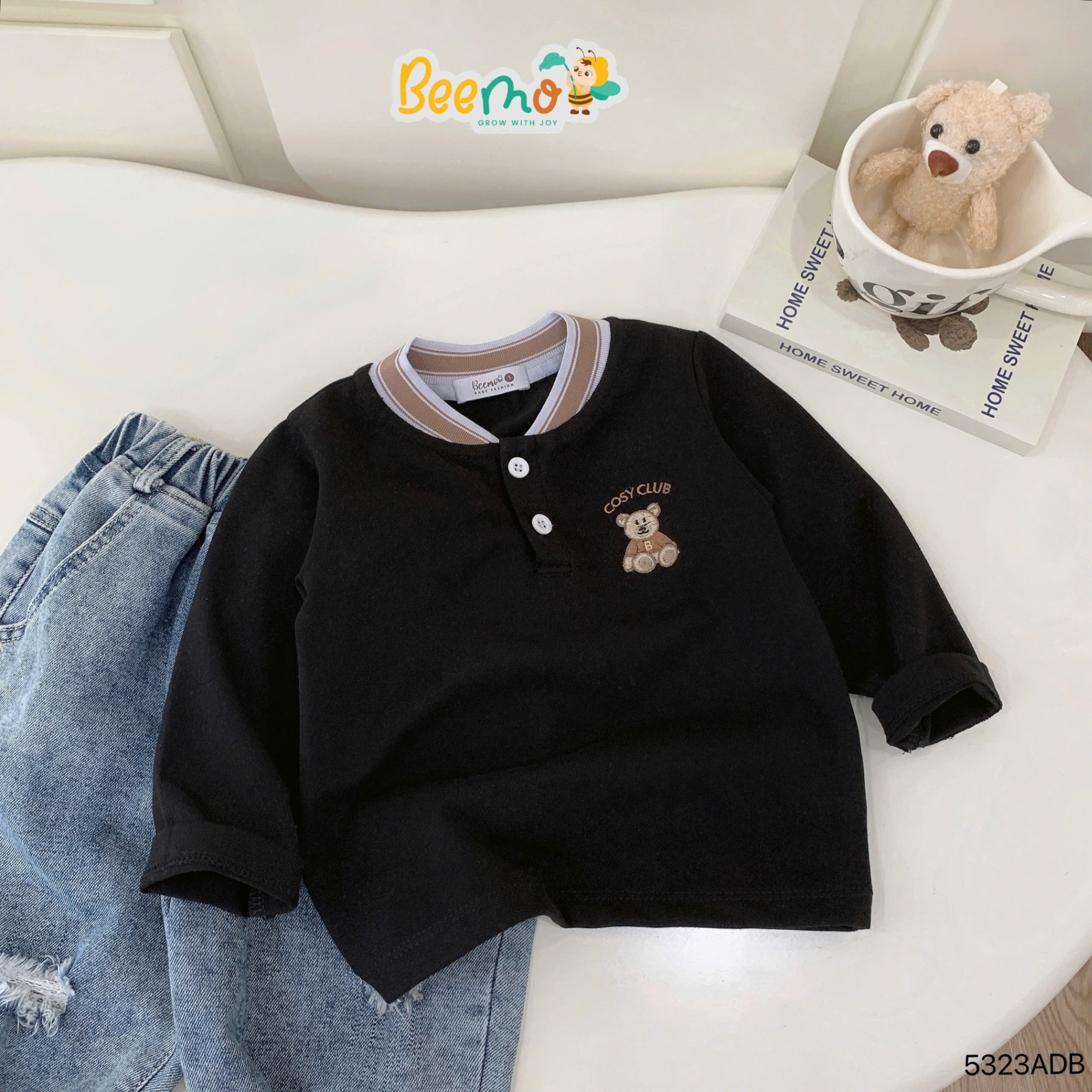 Áo dài tay cổ dệt thêu gấu cosy club Beemo