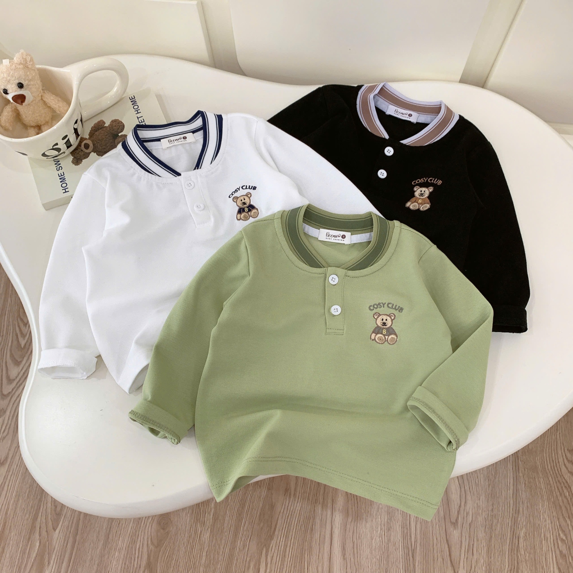 Áo dài tay cổ dệt thêu gấu cosy club Beemo