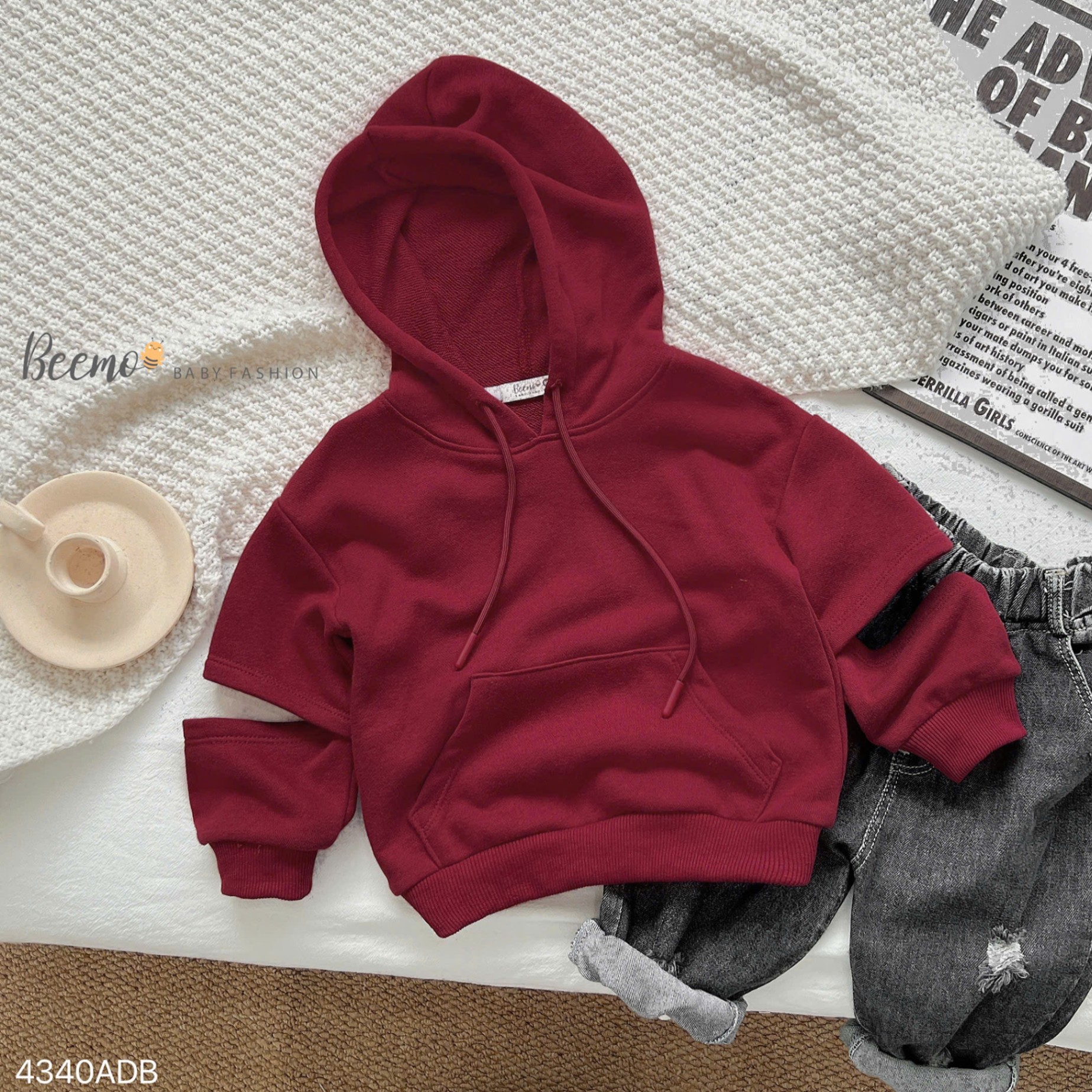 Áo hoodie nỉ da cá xẻ tay cá tính Beemo cho bé