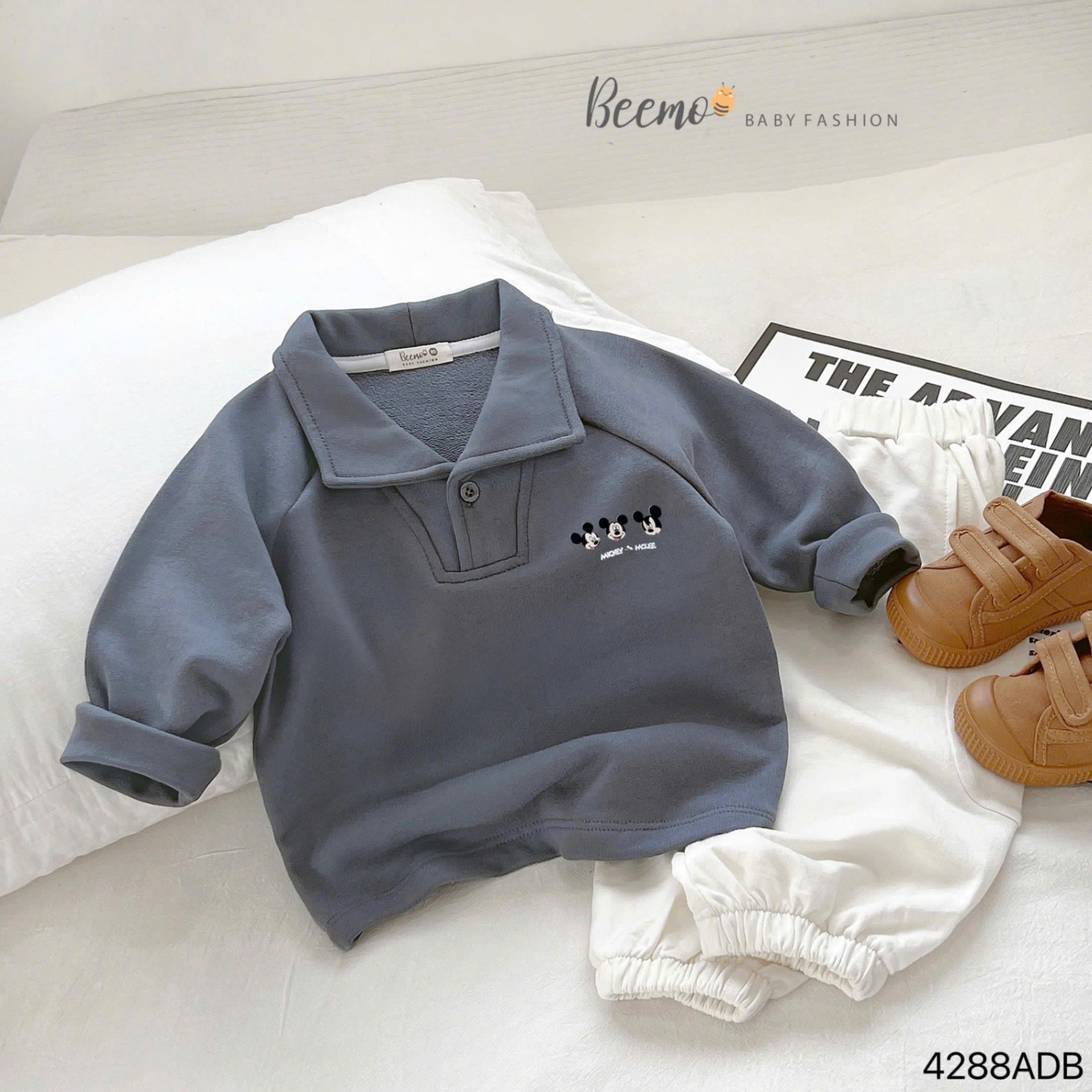 Áo nỉ dài tay cổ polo in mickey Beemo