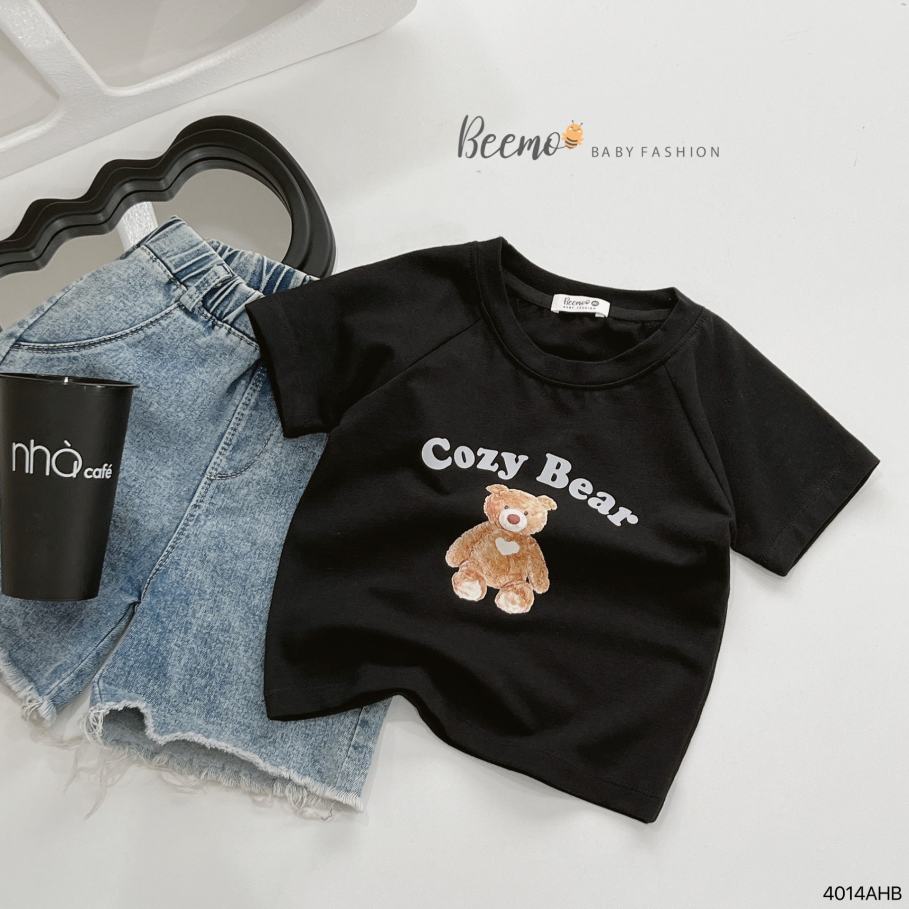 Áo phông cotton cộc tay dáng basic in gấu Beemo cho bé trai, bé gái