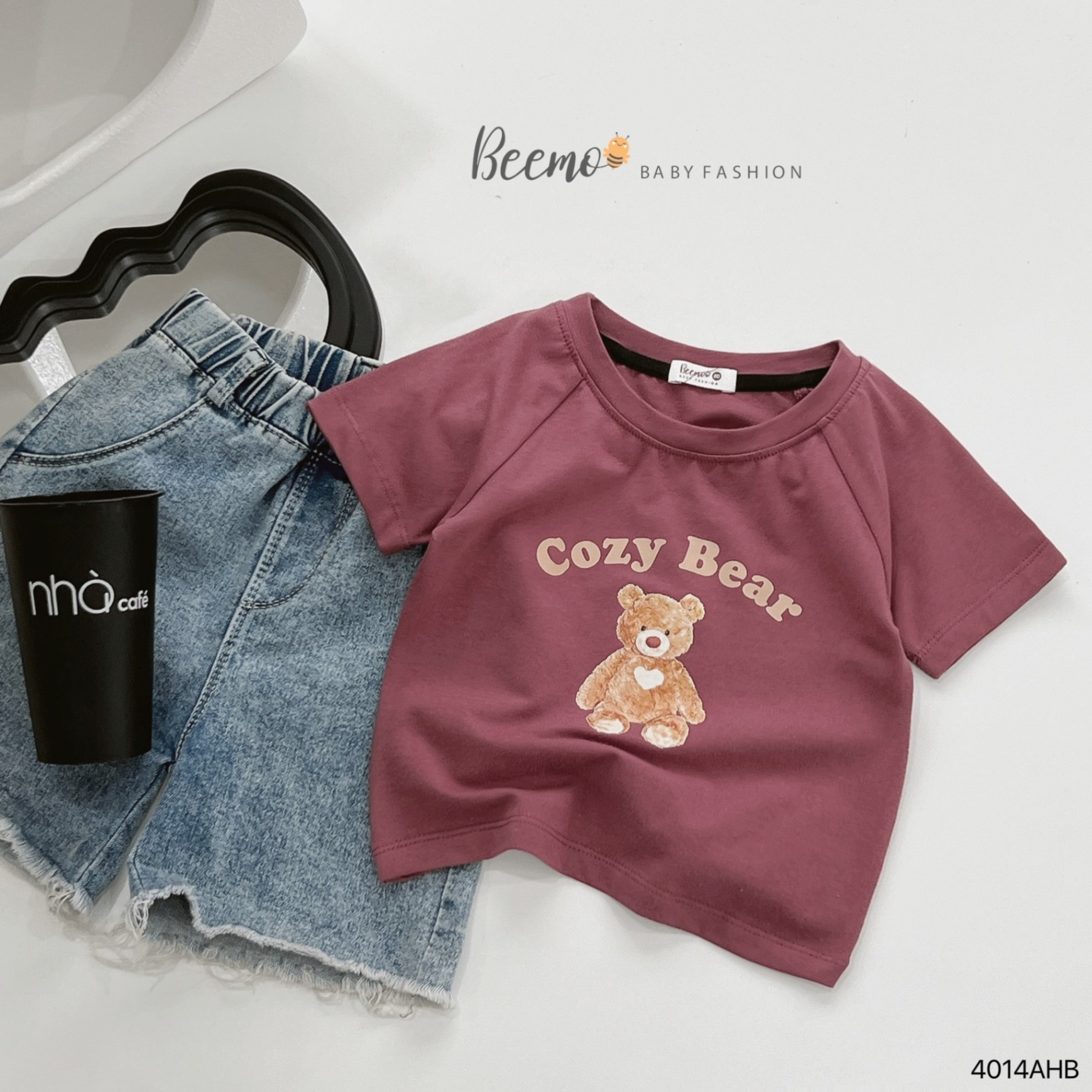 Áo phông cotton cộc tay dáng basic in gấu Beemo cho bé trai, bé gái