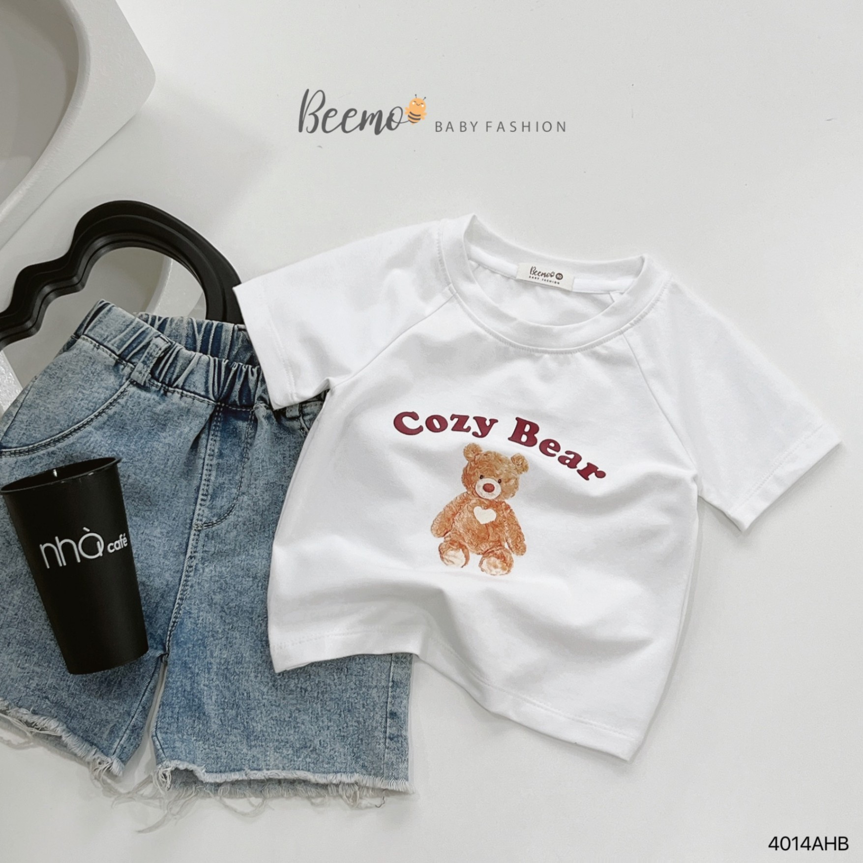 Áo phông cotton cộc tay dáng basic in gấu Beemo cho bé trai, bé gái