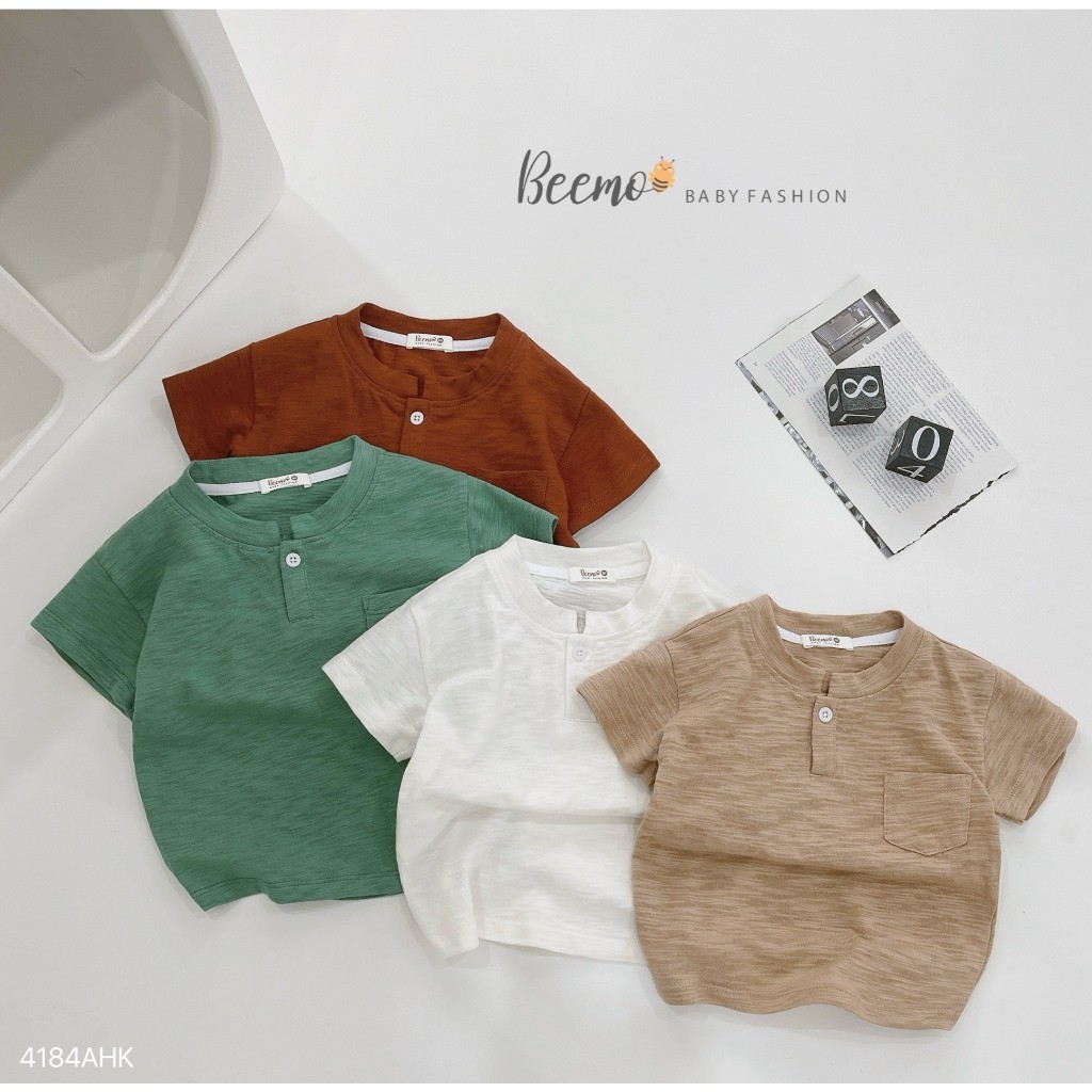 Áo phông cotton xước cộc tay cổ tàu phối khuy Beemo cho bé