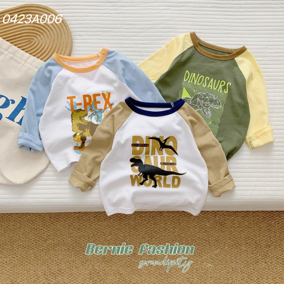 Áo phông (thun) cotton dài tay phối zaclang BERNIE in hoạ tiết khủng long cho bé 9-24kg