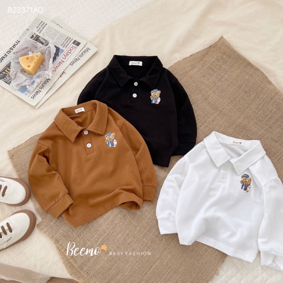 Áo polo cotton dài tay in gấu Beemo cho bé trai bé gái