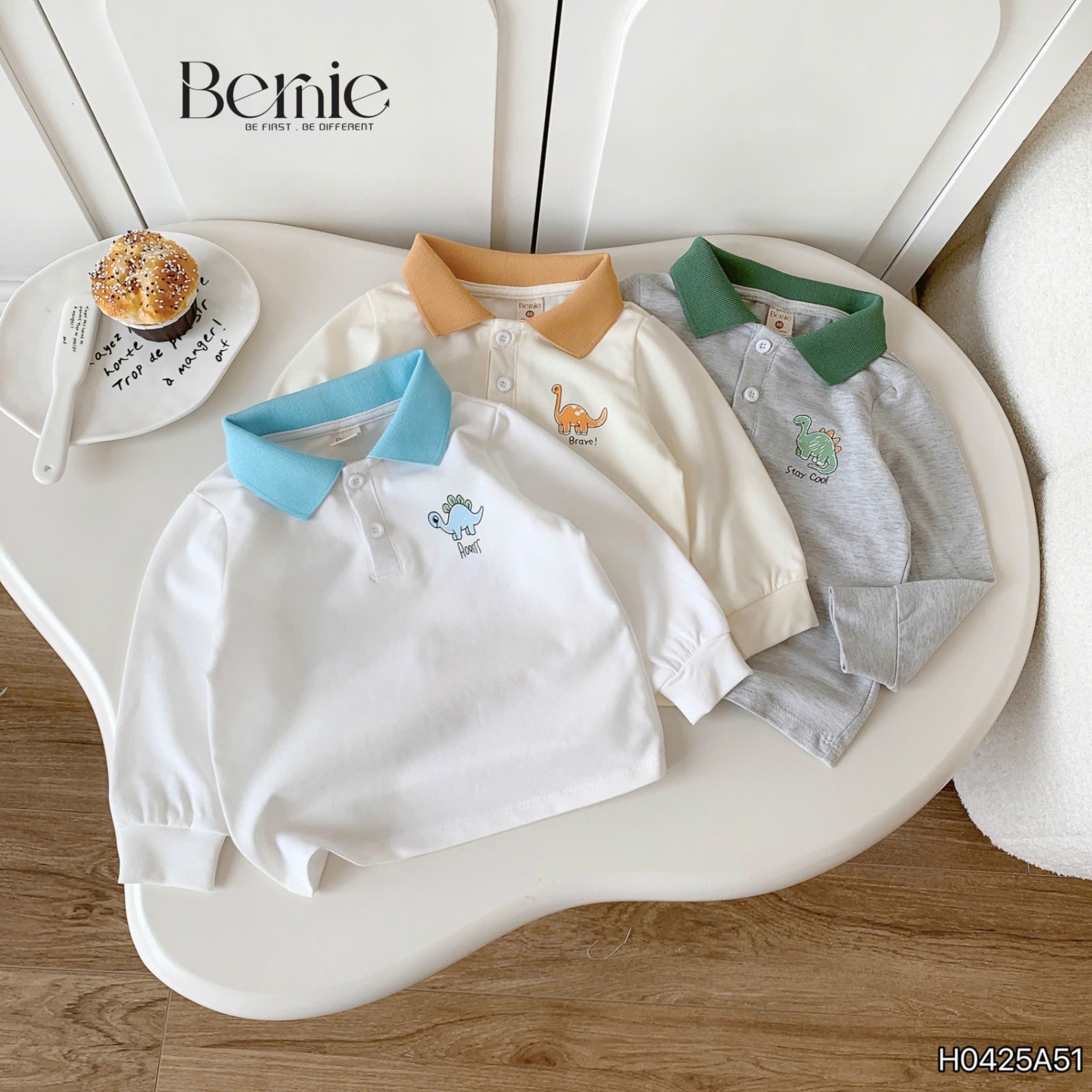 Áo polo dài tay in khủng long Bernie