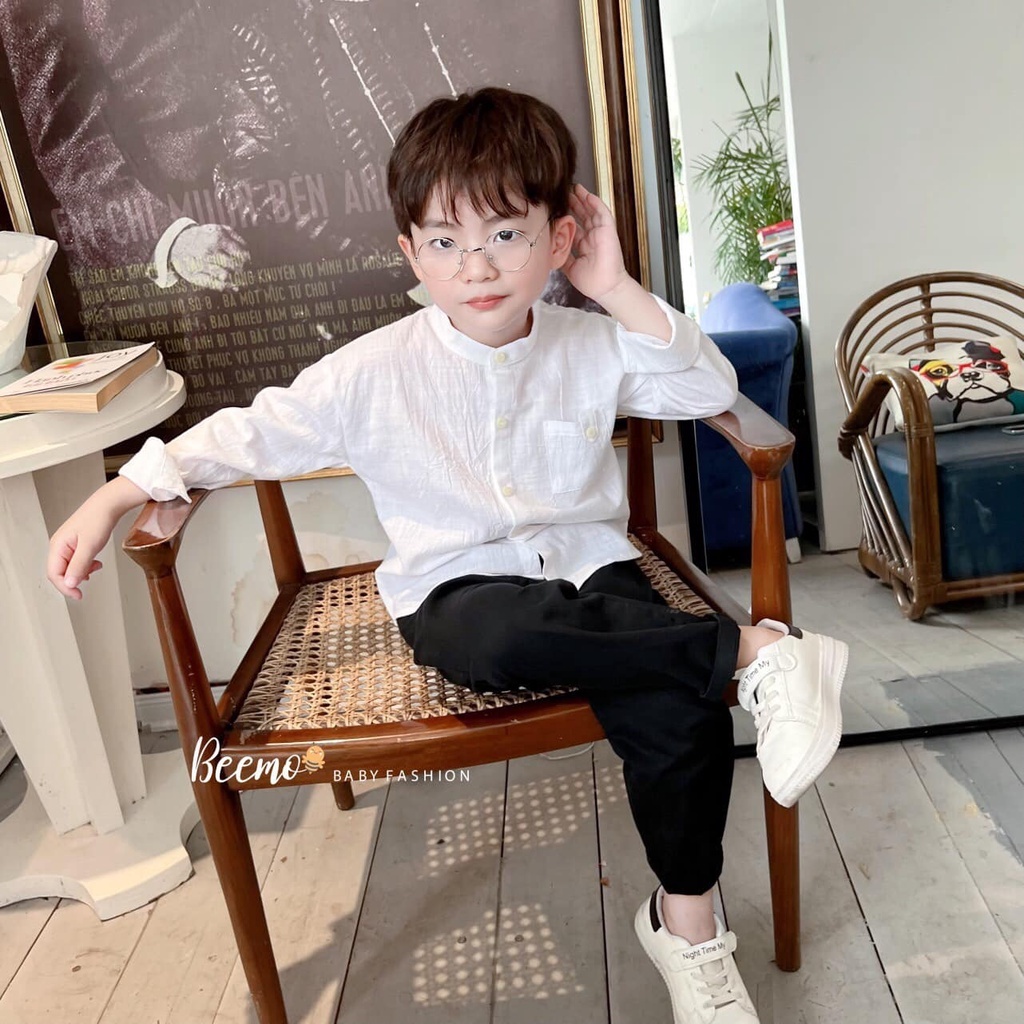 Áo sơ mi cổ tàu dài tay phối túi ngực Beemo