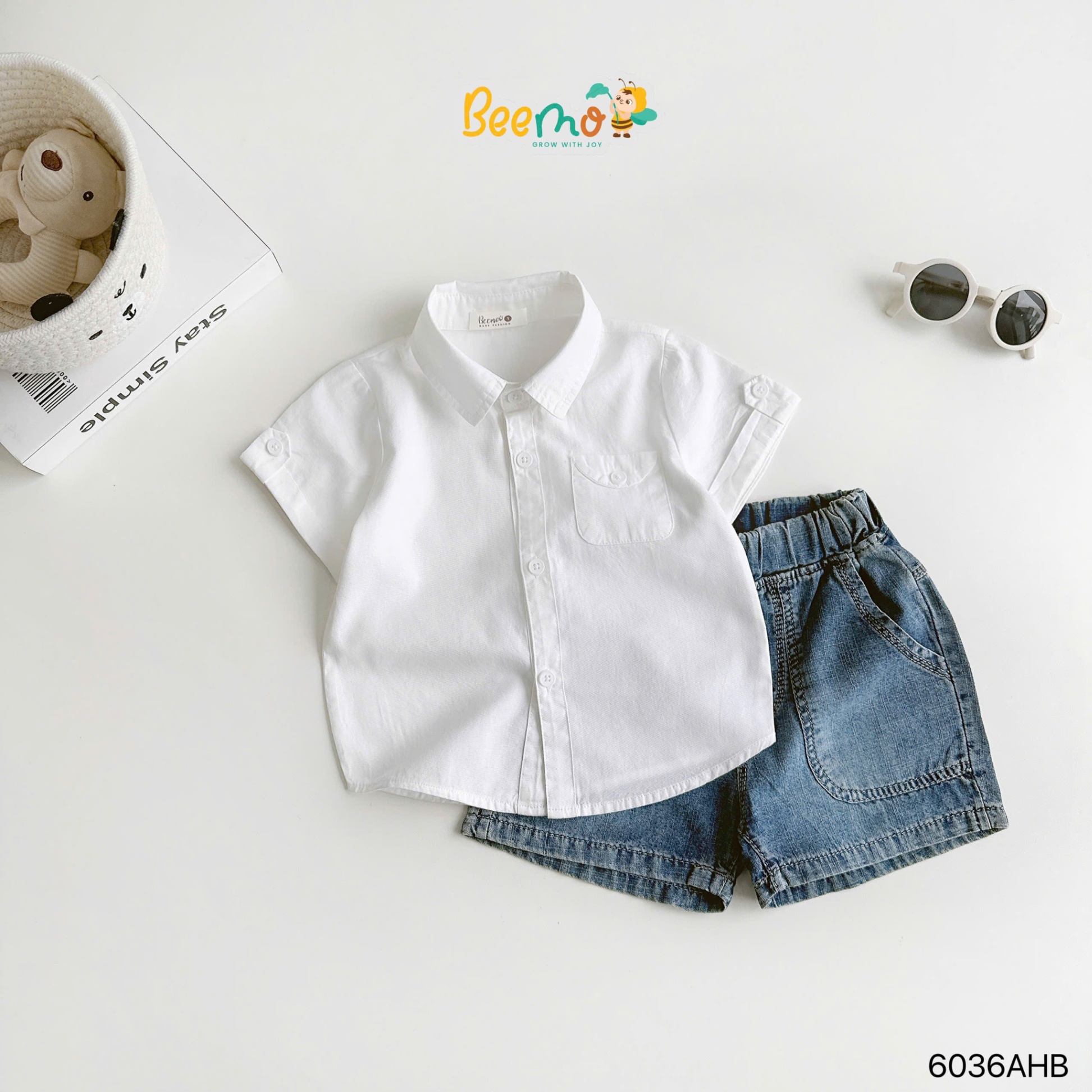 Áo sơ mi cộc tay cổ đức phối túi cá tay Beemo