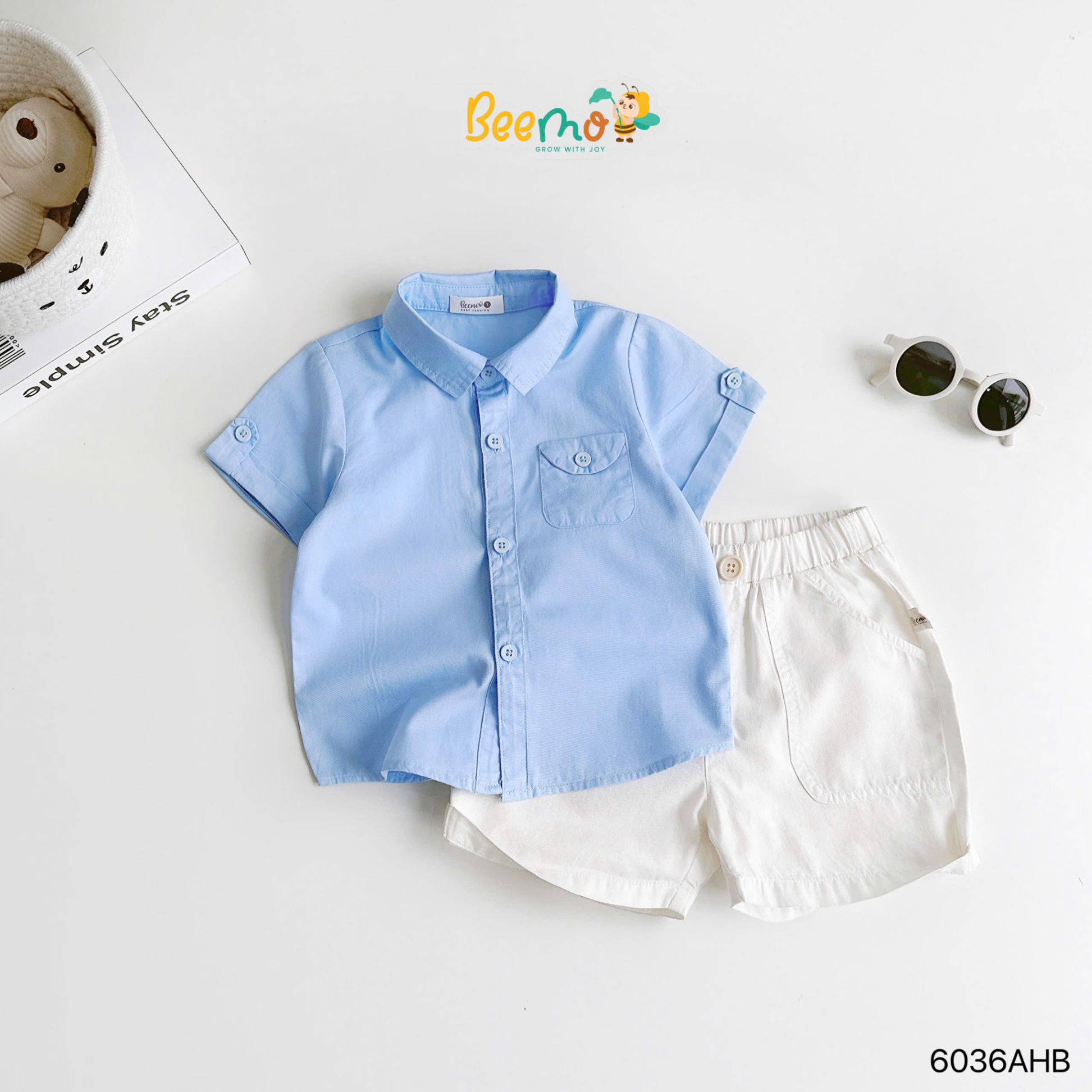 Áo sơ mi cộc tay cổ đức phối túi cá tay Beemo