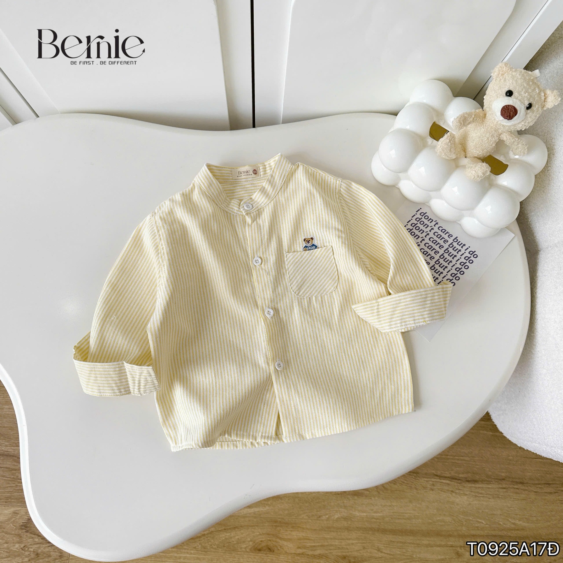 Áo sơ mi kẻ cổ tàu thêu gấu Bernie