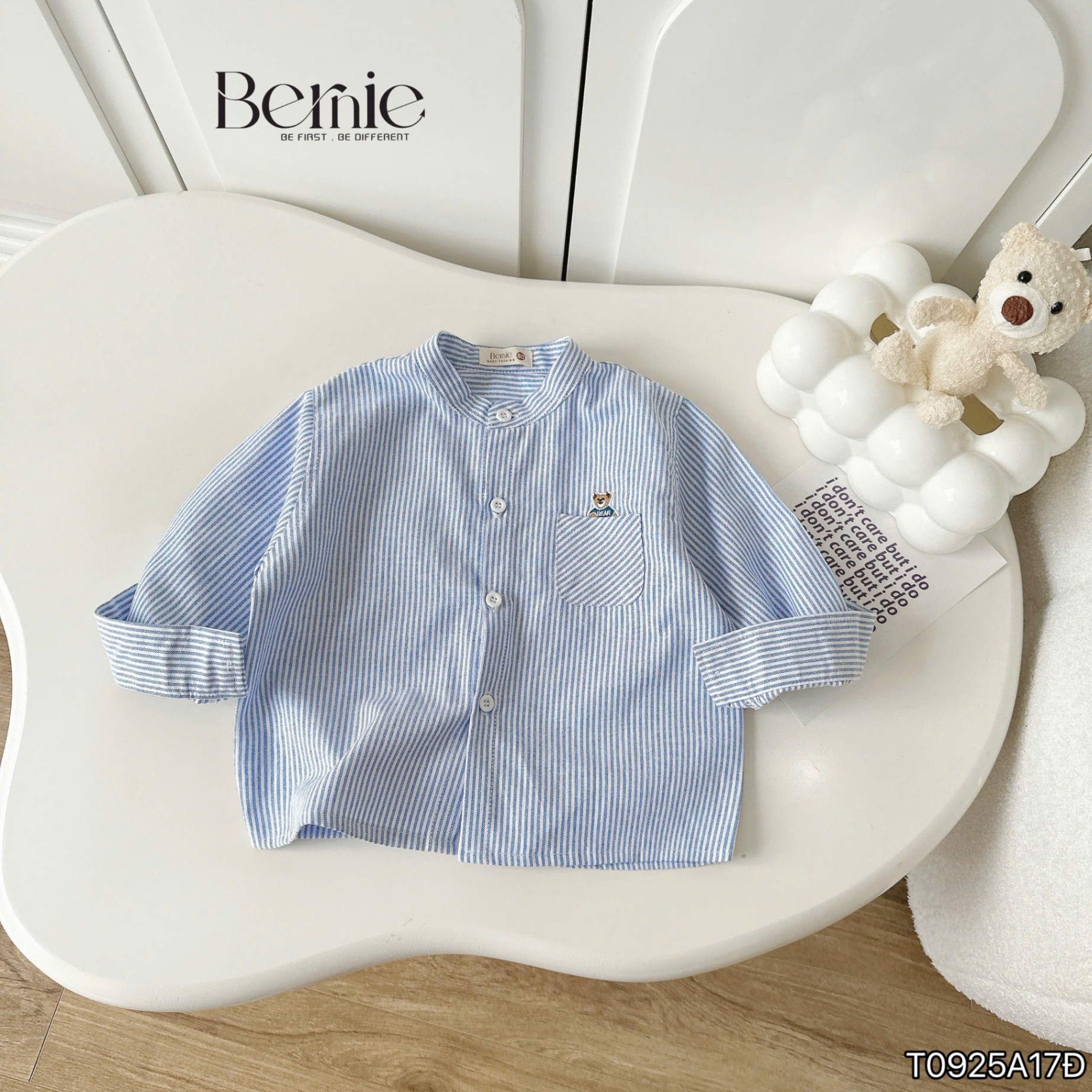 Áo sơ mi kẻ cổ tàu thêu gấu Bernie