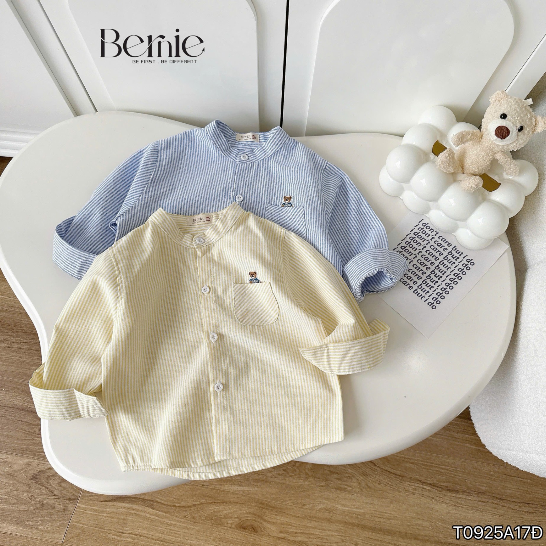 Áo sơ mi kẻ cổ tàu thêu gấu Bernie
