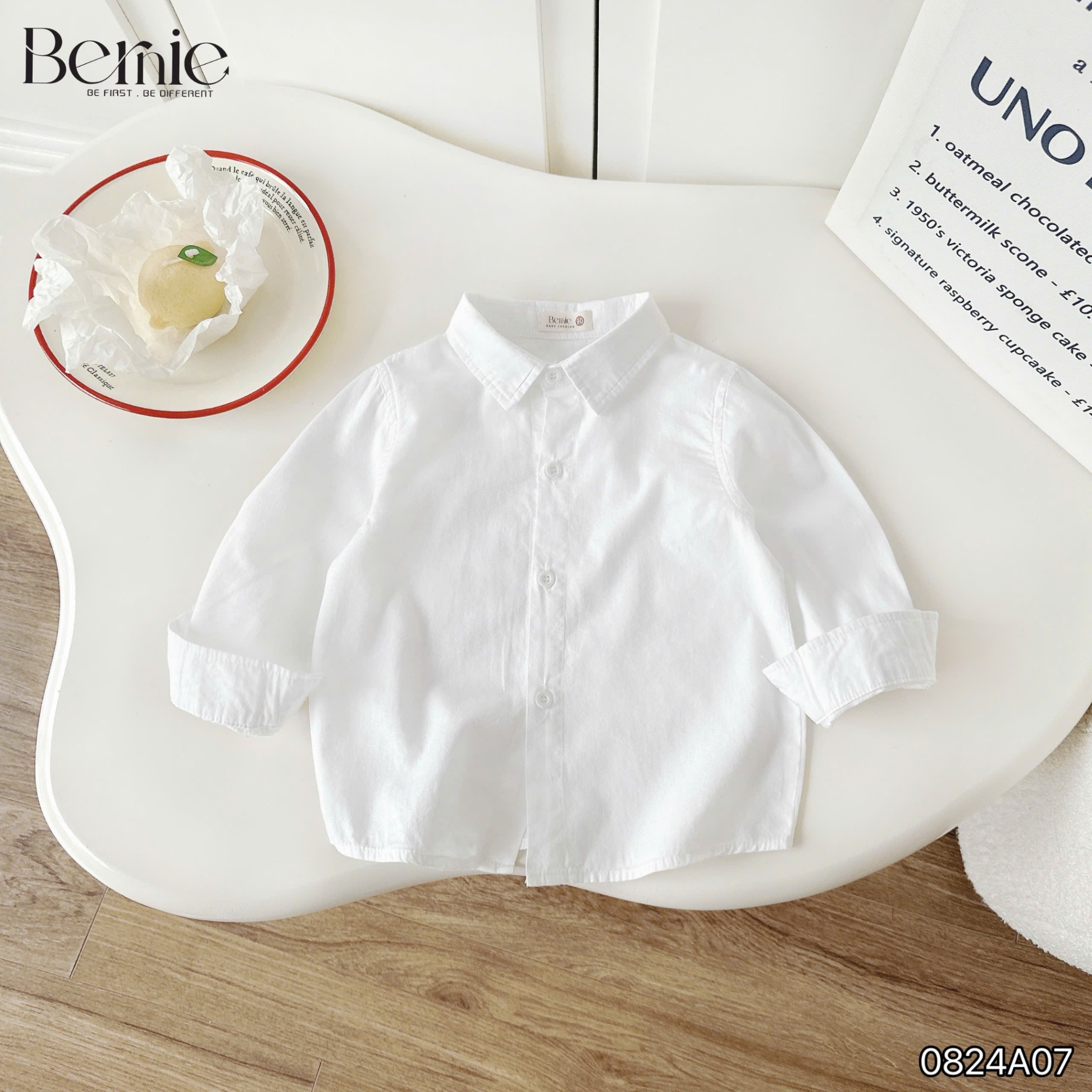 Áo sơ mi trắng dài tay chất thô lụa mềm Bernie cho bé