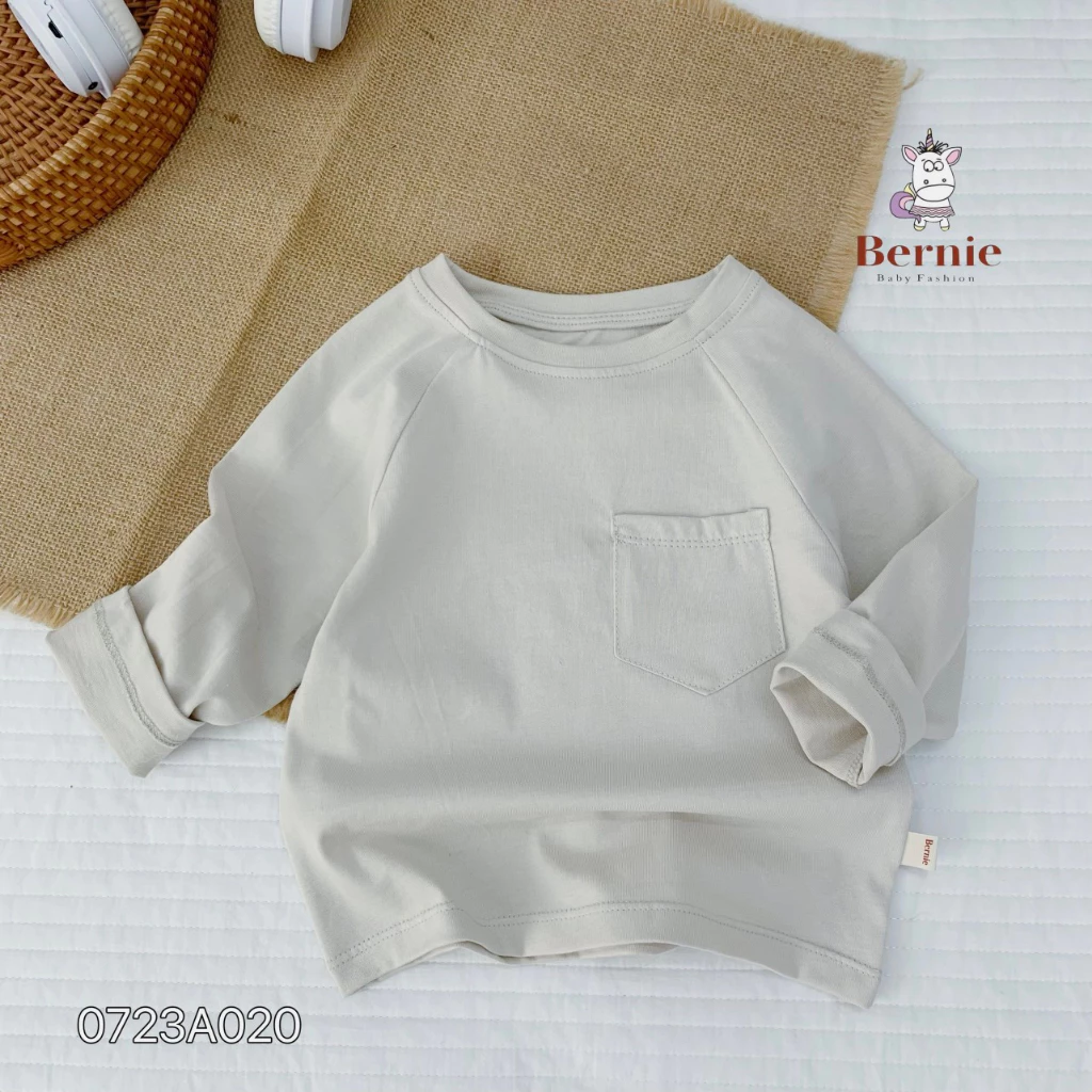 Áo thun dài tay phối ngực Bernie cho bé trai bé gái, áo phông cotton dài tay