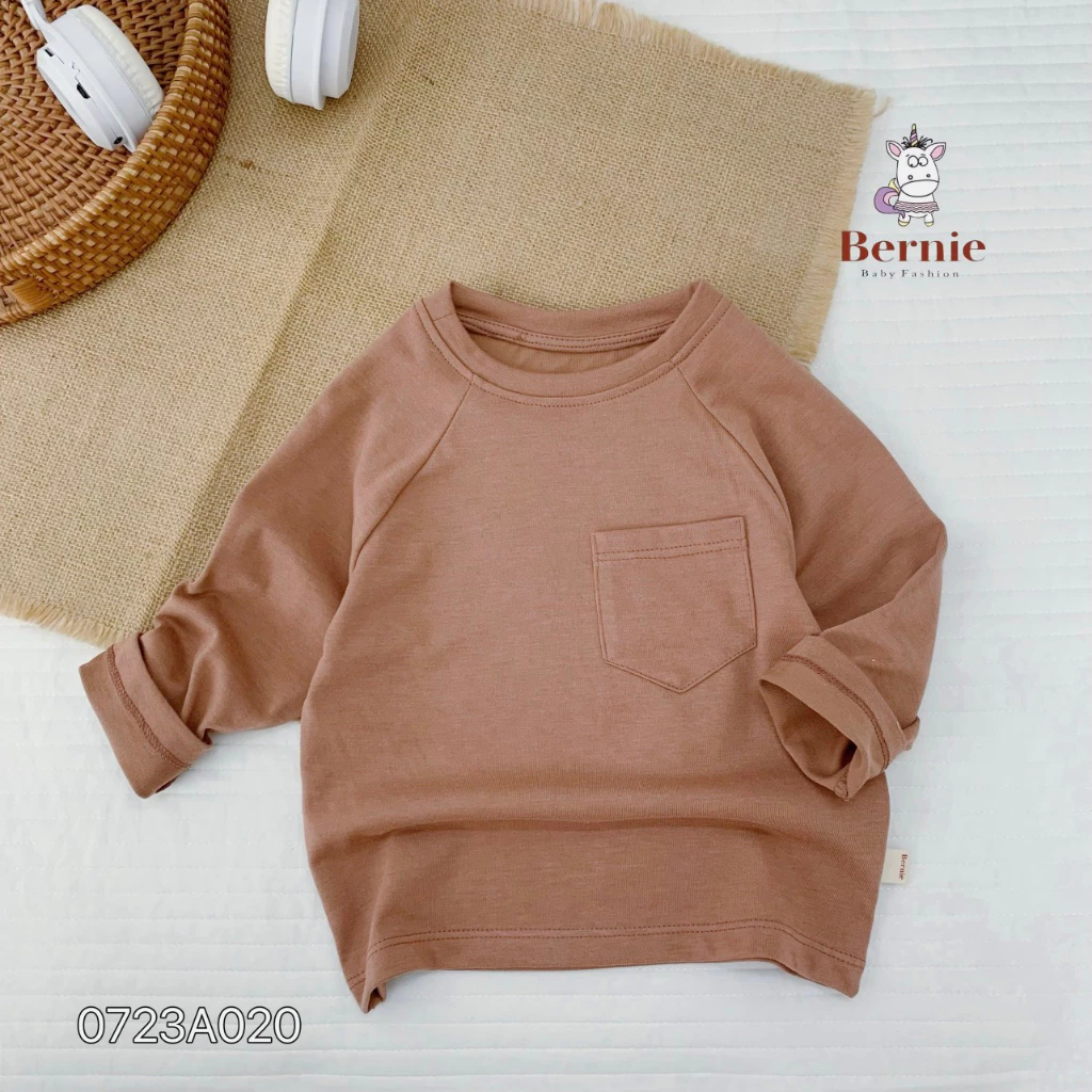 Áo thun dài tay phối ngực Bernie cho bé trai bé gái, áo phông cotton dài tay