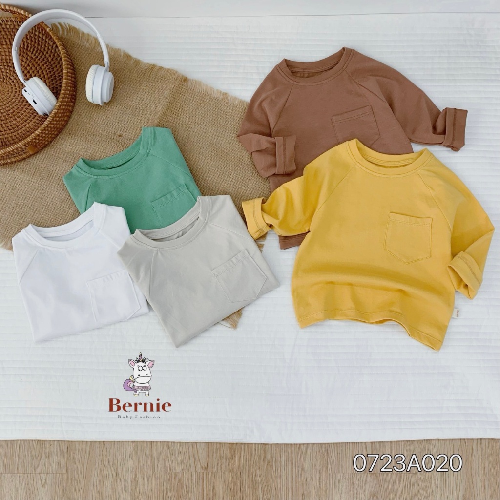Áo thun dài tay phối ngực Bernie cho bé trai bé gái, áo phông cotton dài tay
