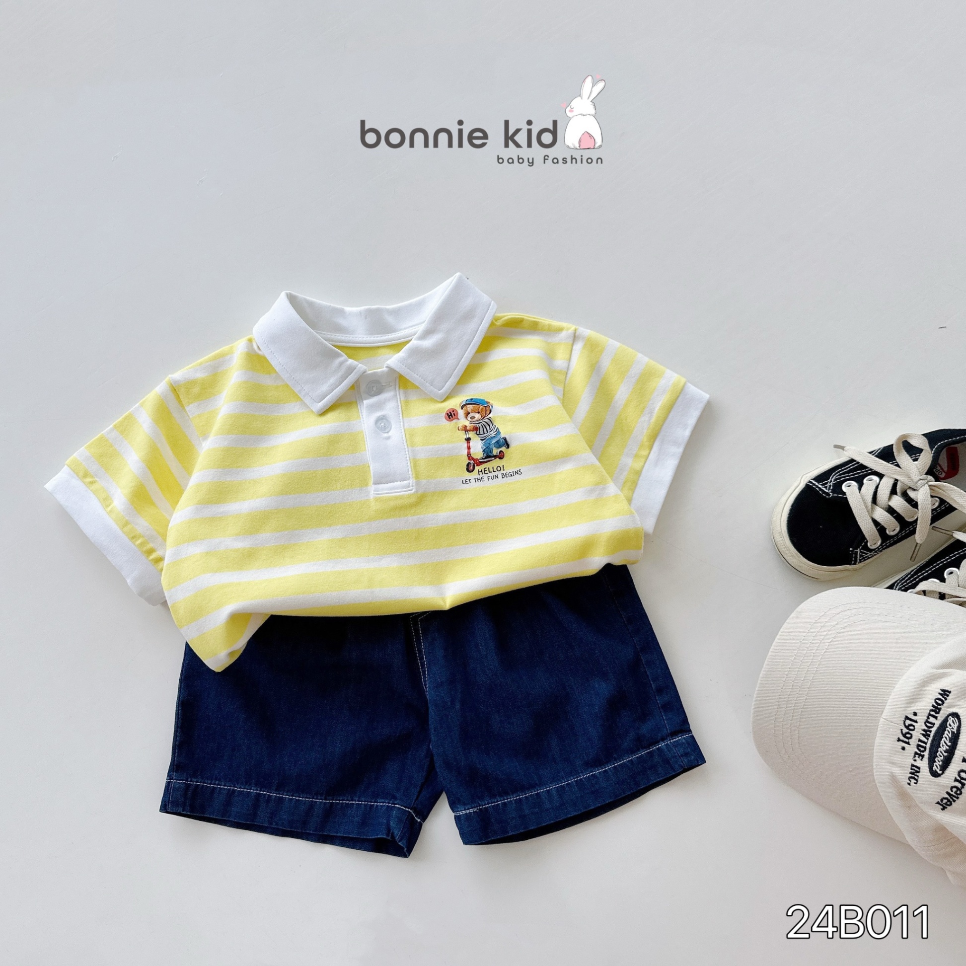 Bộ áo polo cộc tay in hình gấu phối quần đùi bò Bonnie cho bé