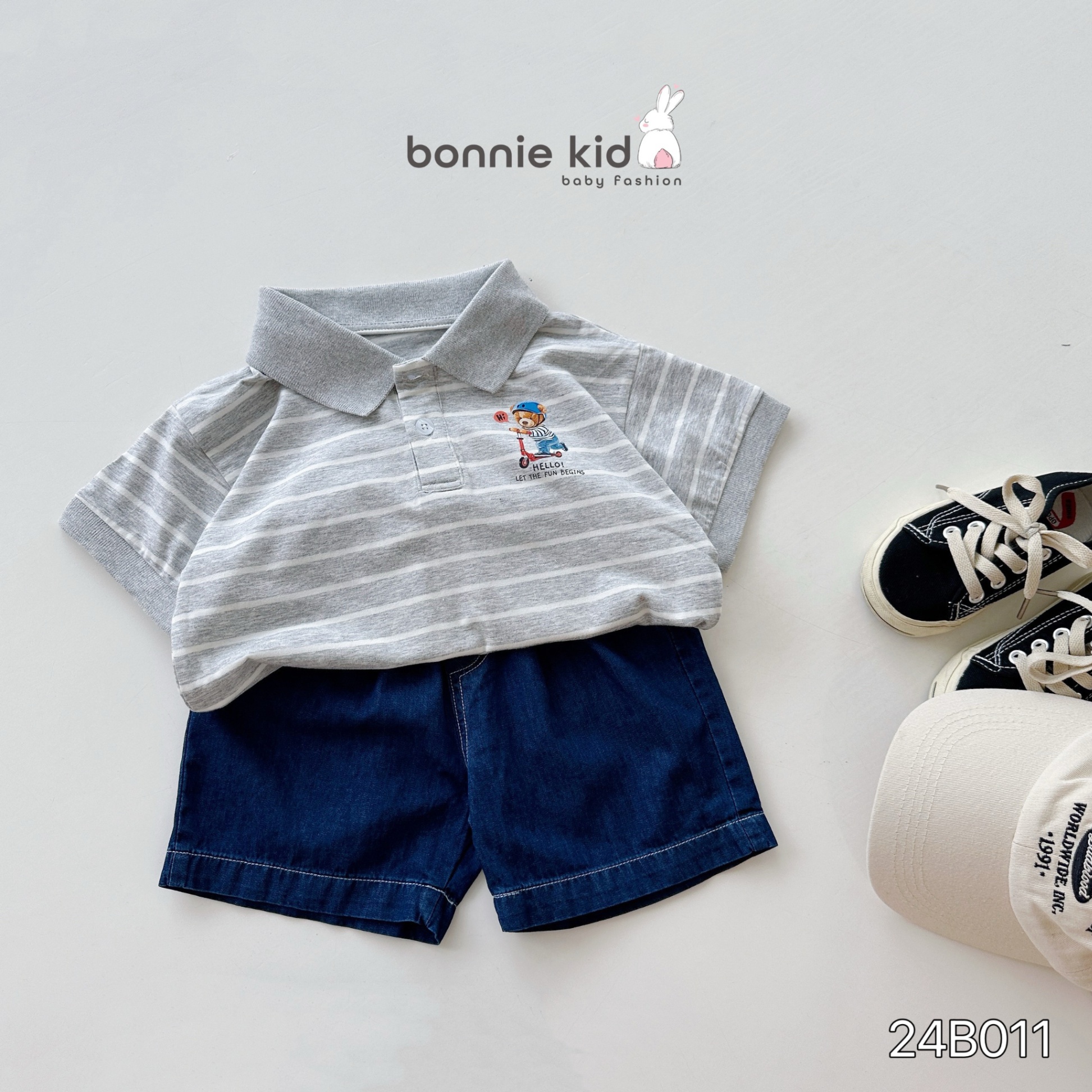 Bộ áo polo cộc tay in hình gấu phối quần đùi bò Bonnie cho bé